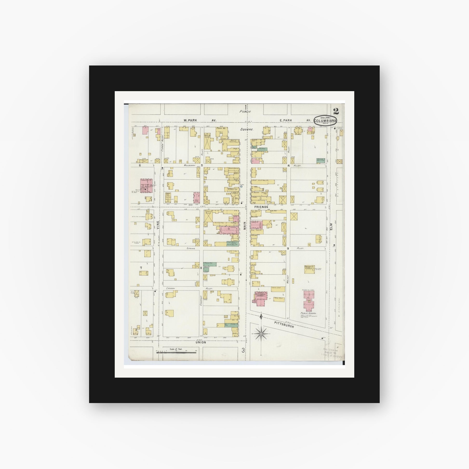 Old map wall art mockup — black gallery frame with white mat — Sanborn Fire Insurance Map from Columbiana, Columbiana County, Ohio (1896), Sheet #0002