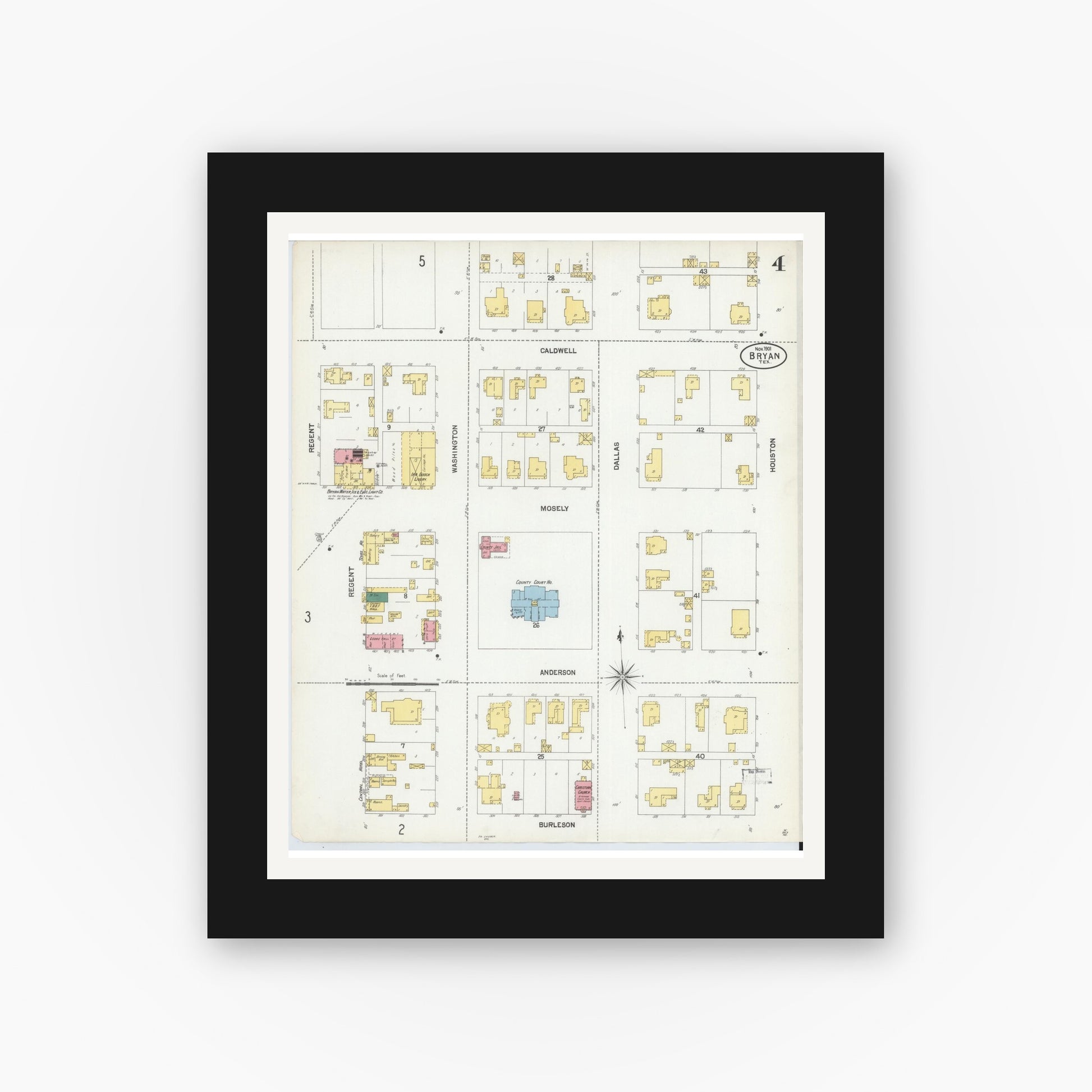 Old map wall art mockup — black gallery frame with white mat — Sanborn Fire Insurance Map from Bryan, Brazos County, Texas (1901), Sheet #0004