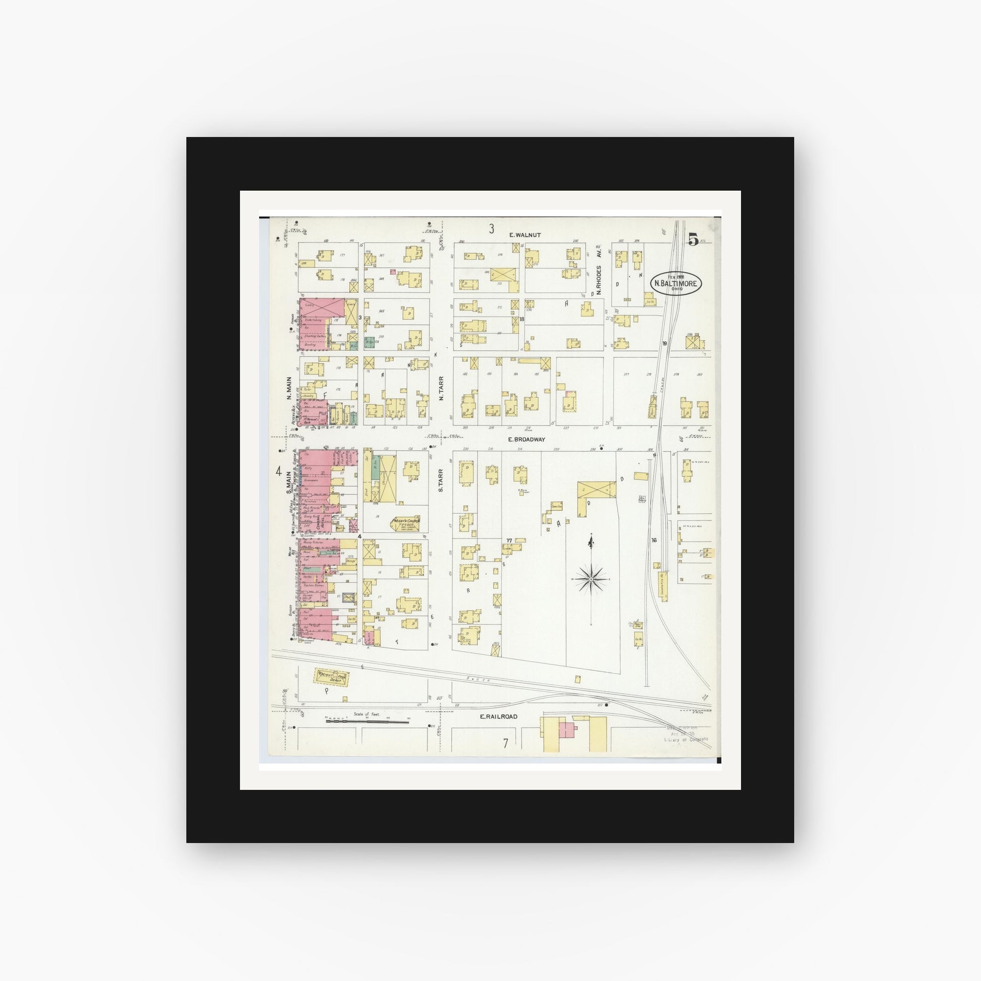 Old map wall art mockup — black gallery frame with white mat — Sanborn Fire Insurance Map from North Baltimore, Wood County, Ohio (1908), Sheet #0005