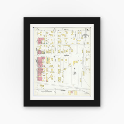 Old map wall art mockup — black gallery frame with white mat — Sanborn Fire Insurance Map from North Baltimore, Wood County, Ohio (1908), Sheet #0005