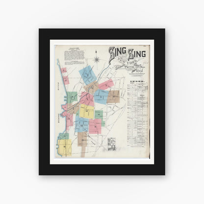Old map wall art mockup — black gallery frame with white mat — Sanborn Fire Insurance Map from Sing Sing, Westchester County, New York (1891), Sheet #0001
