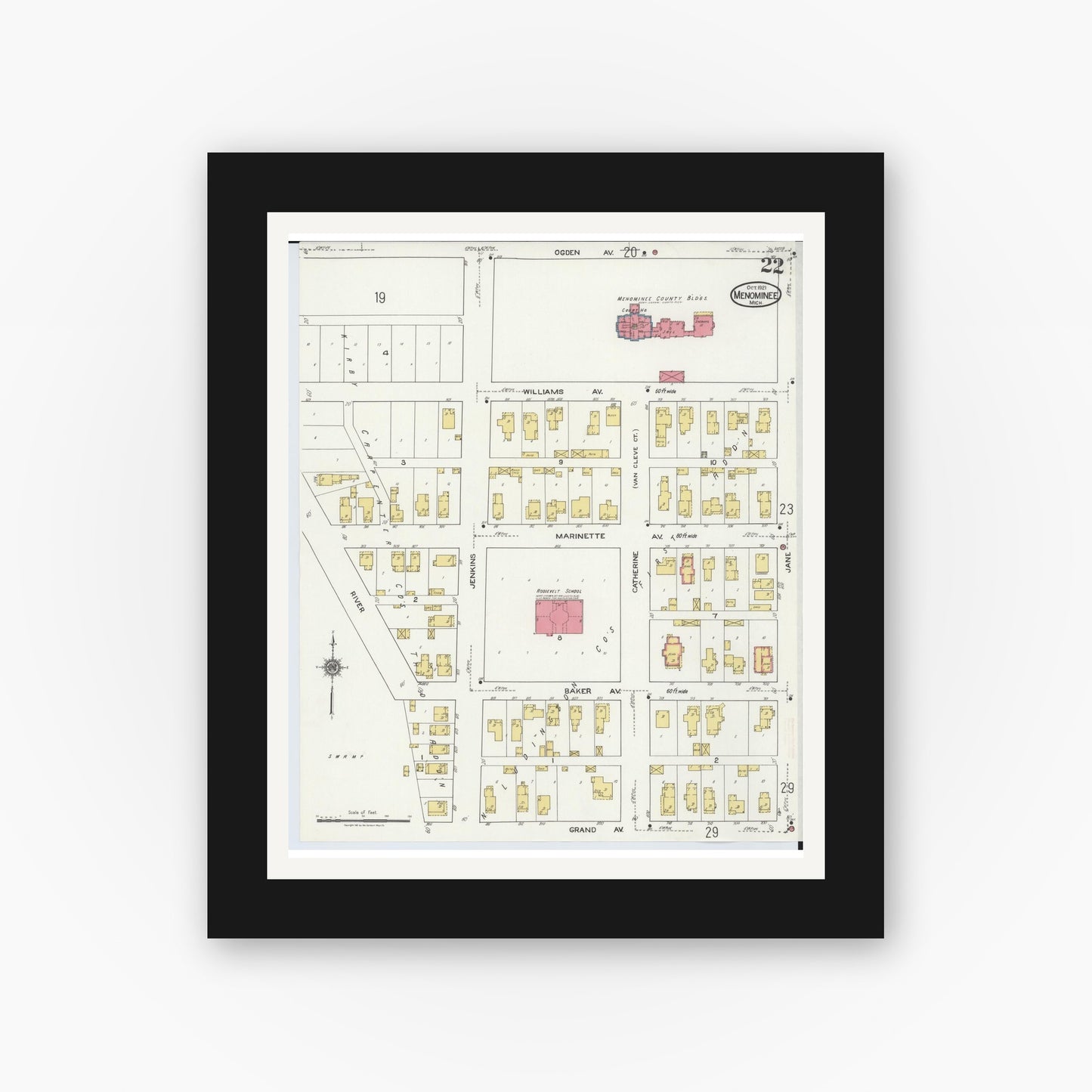 Old map wall art mockup — black gallery frame with white mat — Sanborn Fire Insurance Map from Menominee, Menominee County, Michigan (1921), Sheet #0022