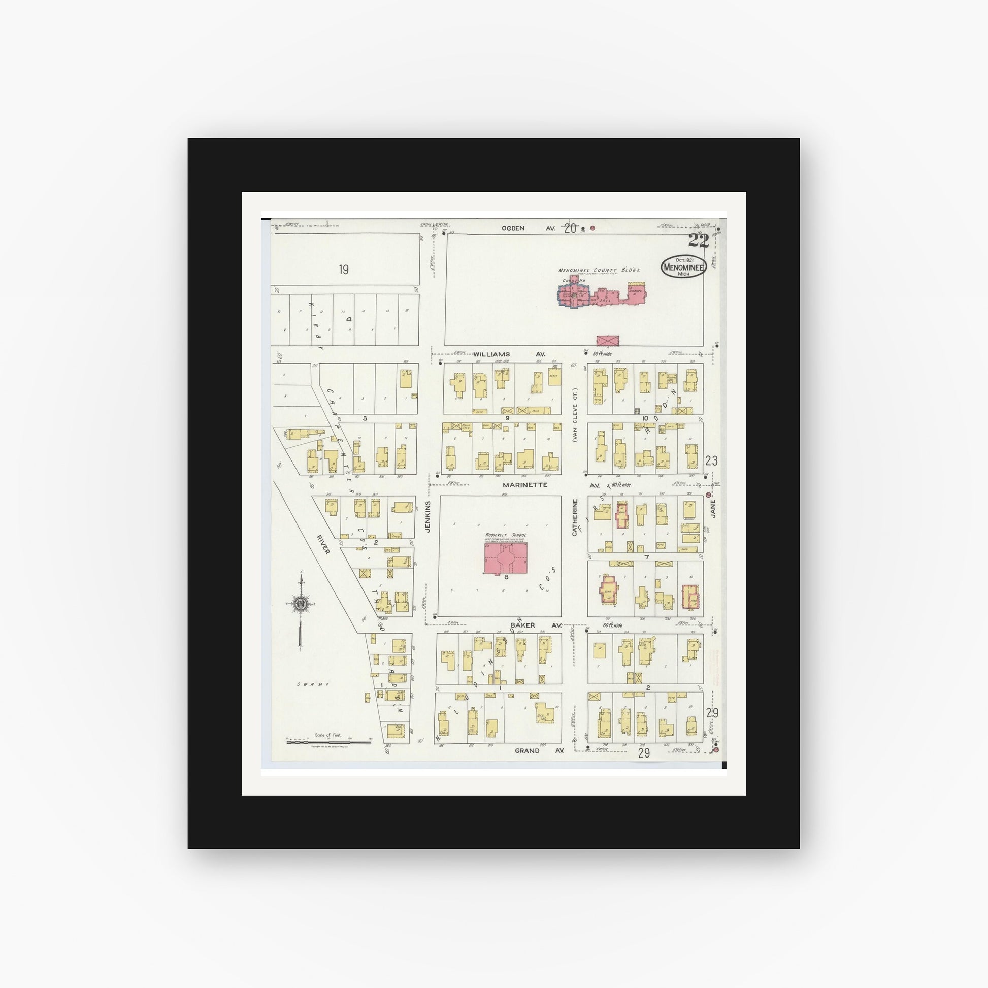Old map wall art mockup — black gallery frame with white mat — Sanborn Fire Insurance Map from Menominee, Menominee County, Michigan (1921), Sheet #0022