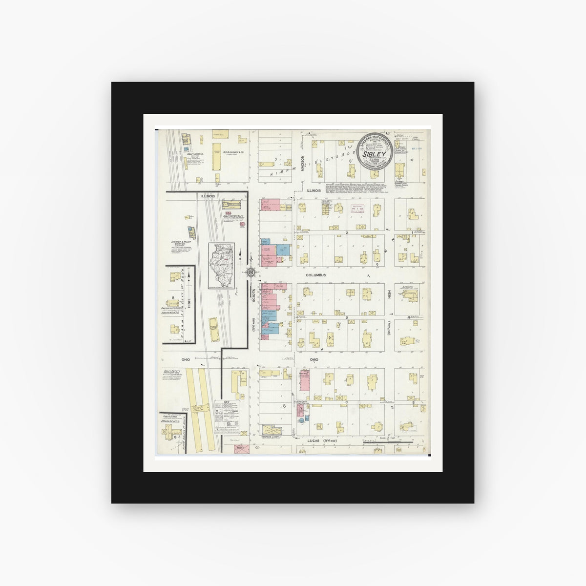 Old map wall art mockup — black gallery frame with white mat — Sanborn Fire Insurance Map from Sibley, Ford County, Illinois (1914), Sheet #0001