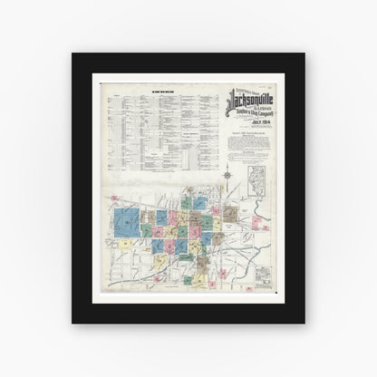 Old map wall art mockup — black gallery frame with white mat — Sanborn Fire Insurance Map from Jacksonville, Morgan County, Illinois (1914) - Complete Map Set