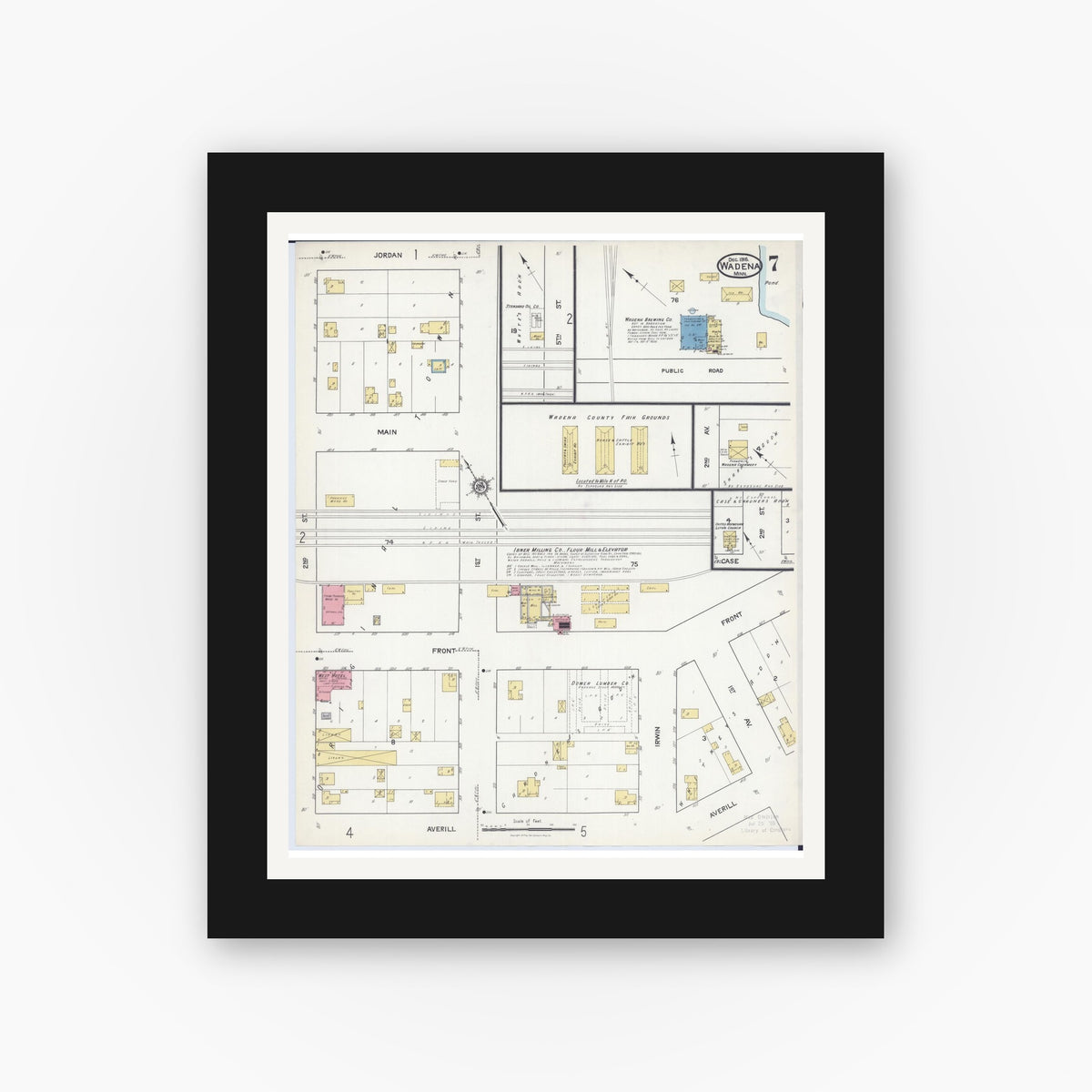 Old map wall art mockup — black gallery frame with white mat — Sanborn Fire Insurance Map from Wadena, Wadena County, Minnesota (1916), Sheet #0007