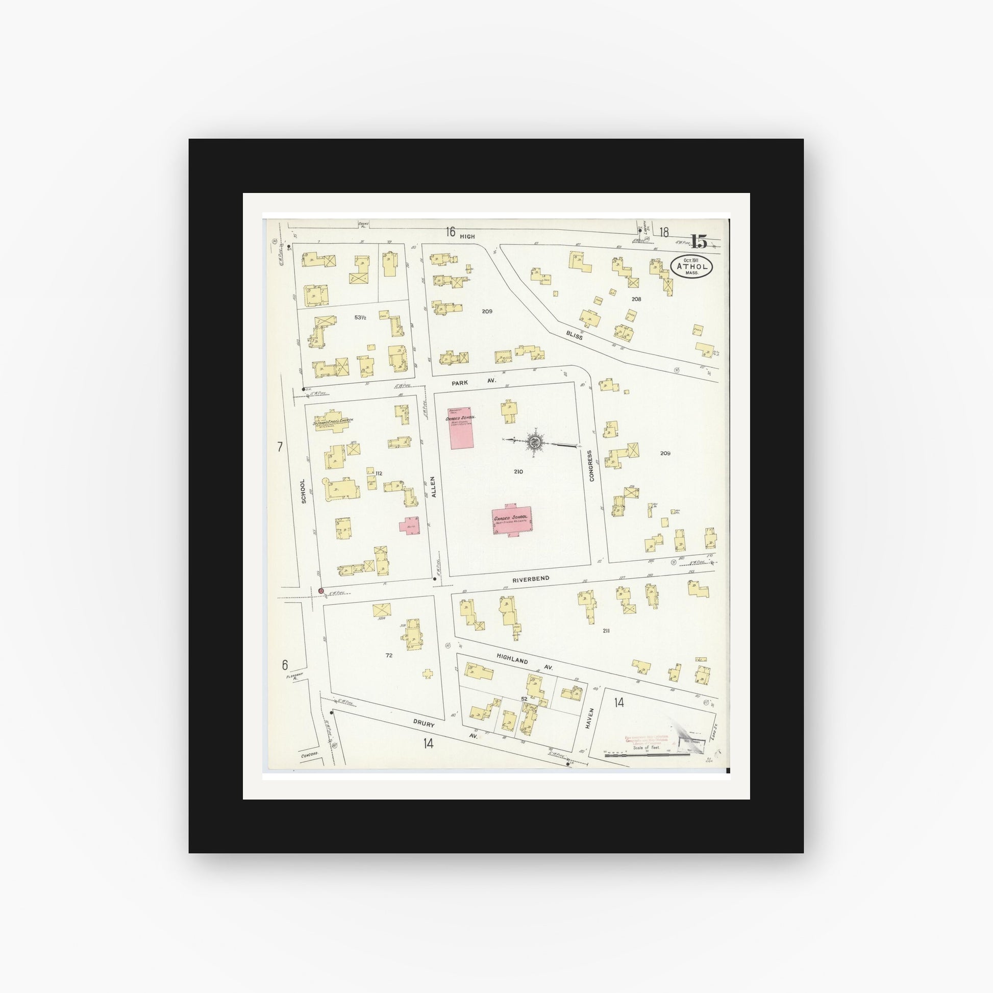 Old map wall art mockup — black gallery frame with white mat — Sanborn Fire Insurance Map from Athol, Worcester County, Massachusetts (1911), Sheet #0015