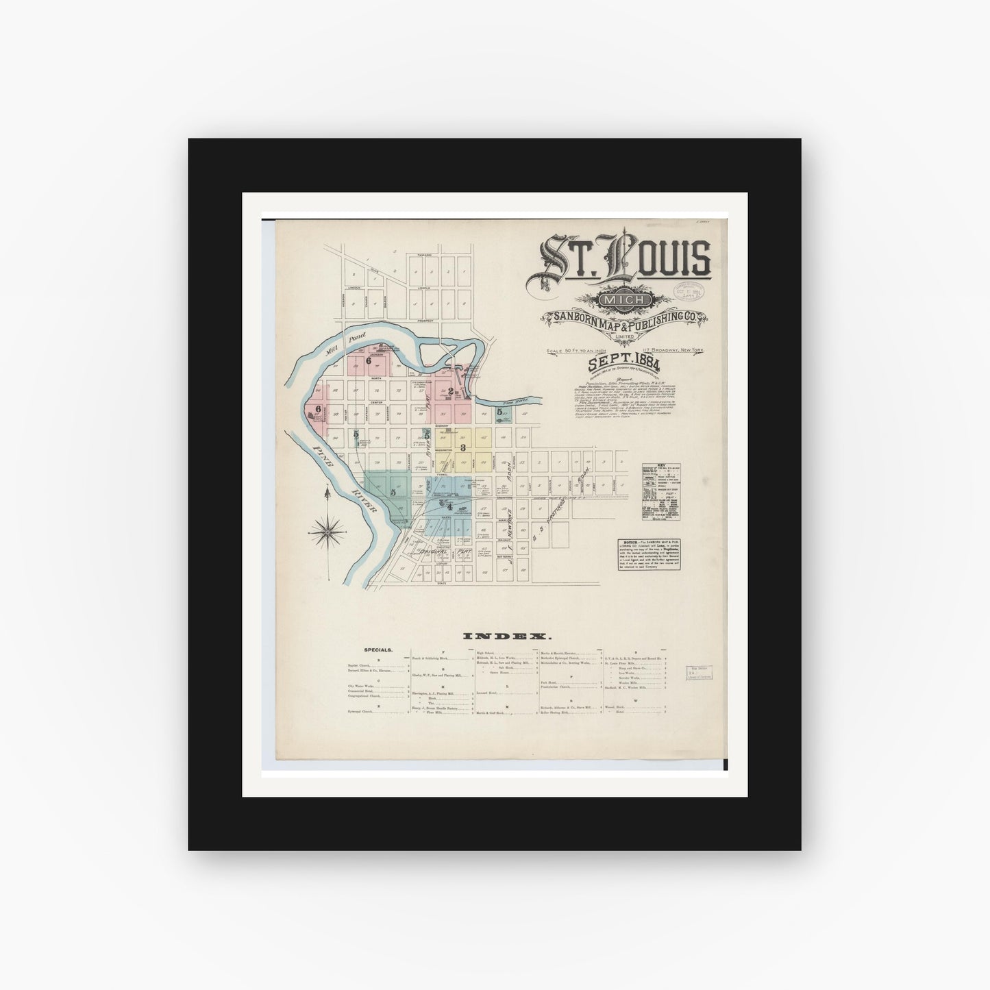 Old map wall art mockup — black gallery frame with white mat — Sanborn Fire Insurance Map from Saint Louis, Gratiot County, Michigan (1884) - Complete Map Set