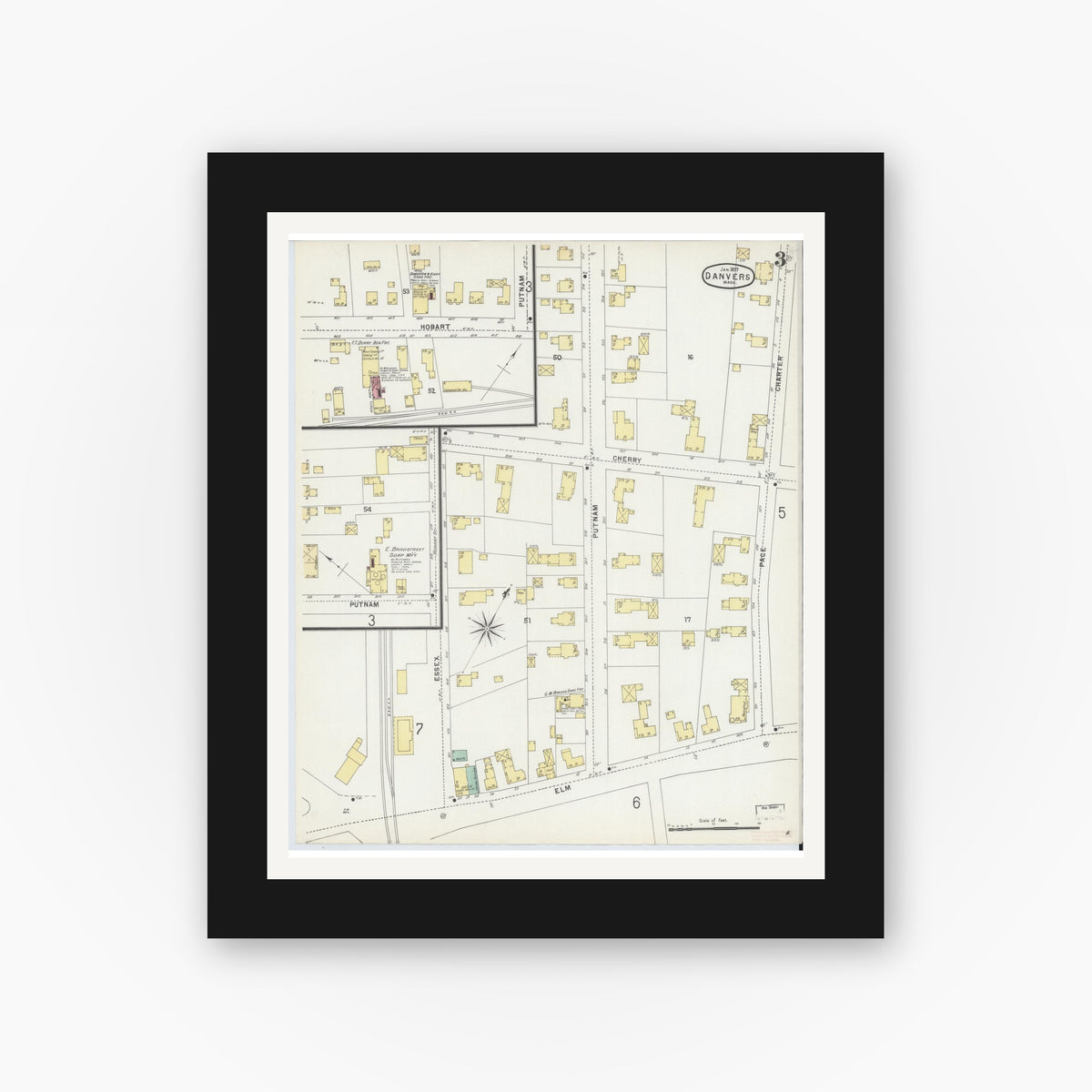 Old map wall art mockup — black gallery frame with white mat — Sanborn Fire Insurance Map from Danvers, Essex County, Massachusetts (1897), Sheet #0003