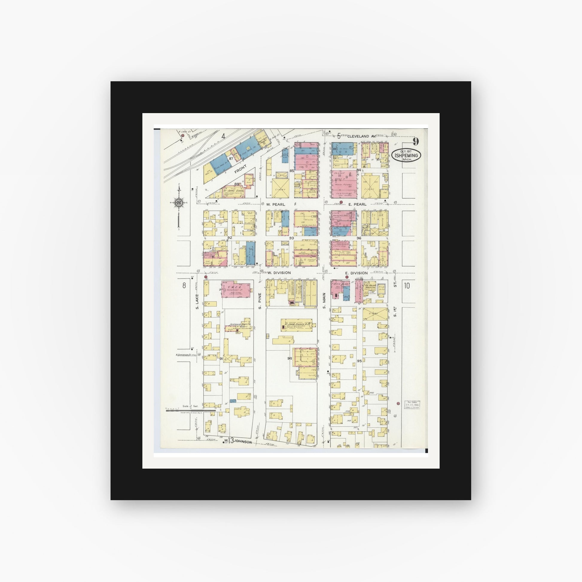 Old map wall art mockup — black gallery frame with white mat — Sanborn Fire Insurance Map from Ishpeming, Marquette County, Michigan (1917), Sheet #0009