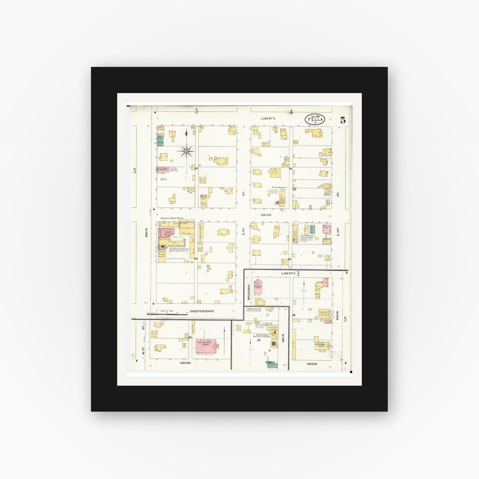 Old map wall art mockup — black gallery frame with white mat — Sanborn Fire Insurance Map from Pella, Marion County, Iowa (1906), Sheet #0005