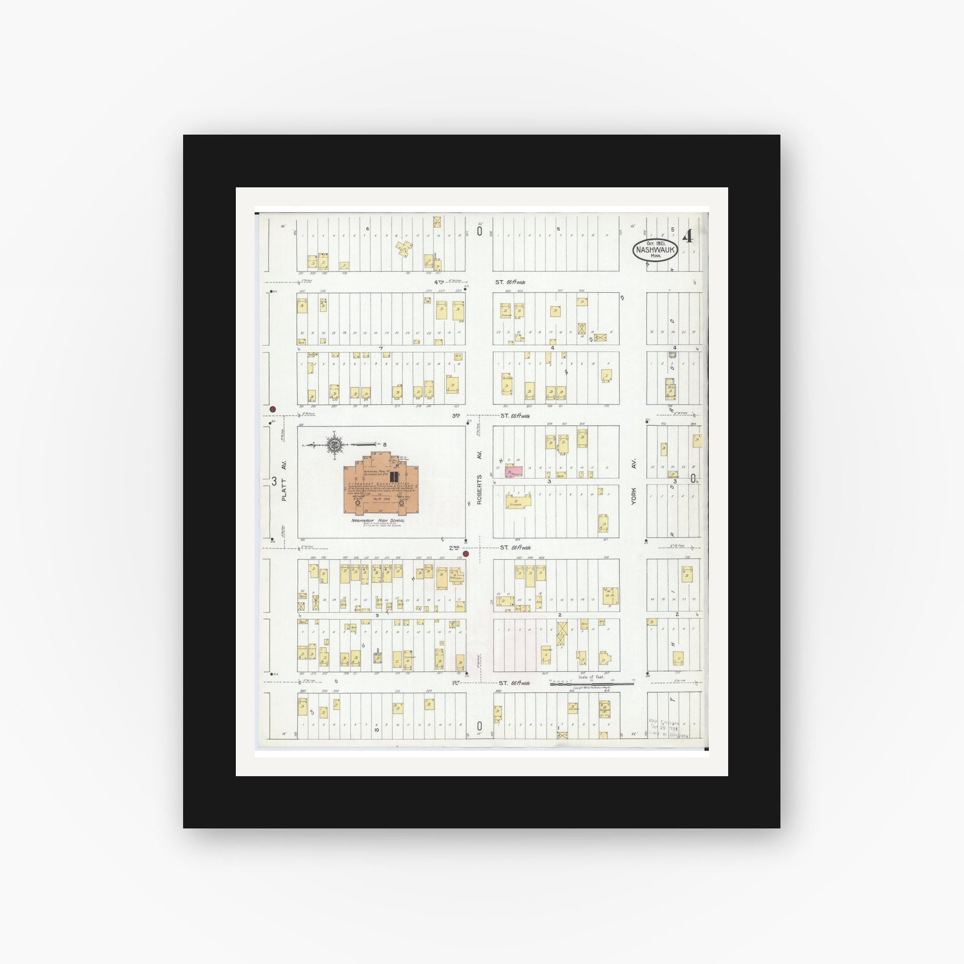 Old map wall art mockup — black gallery frame with white mat — Sanborn Fire Insurance Map from Nashwauk, Itasca County, Minnesota (1921), Sheet #0004