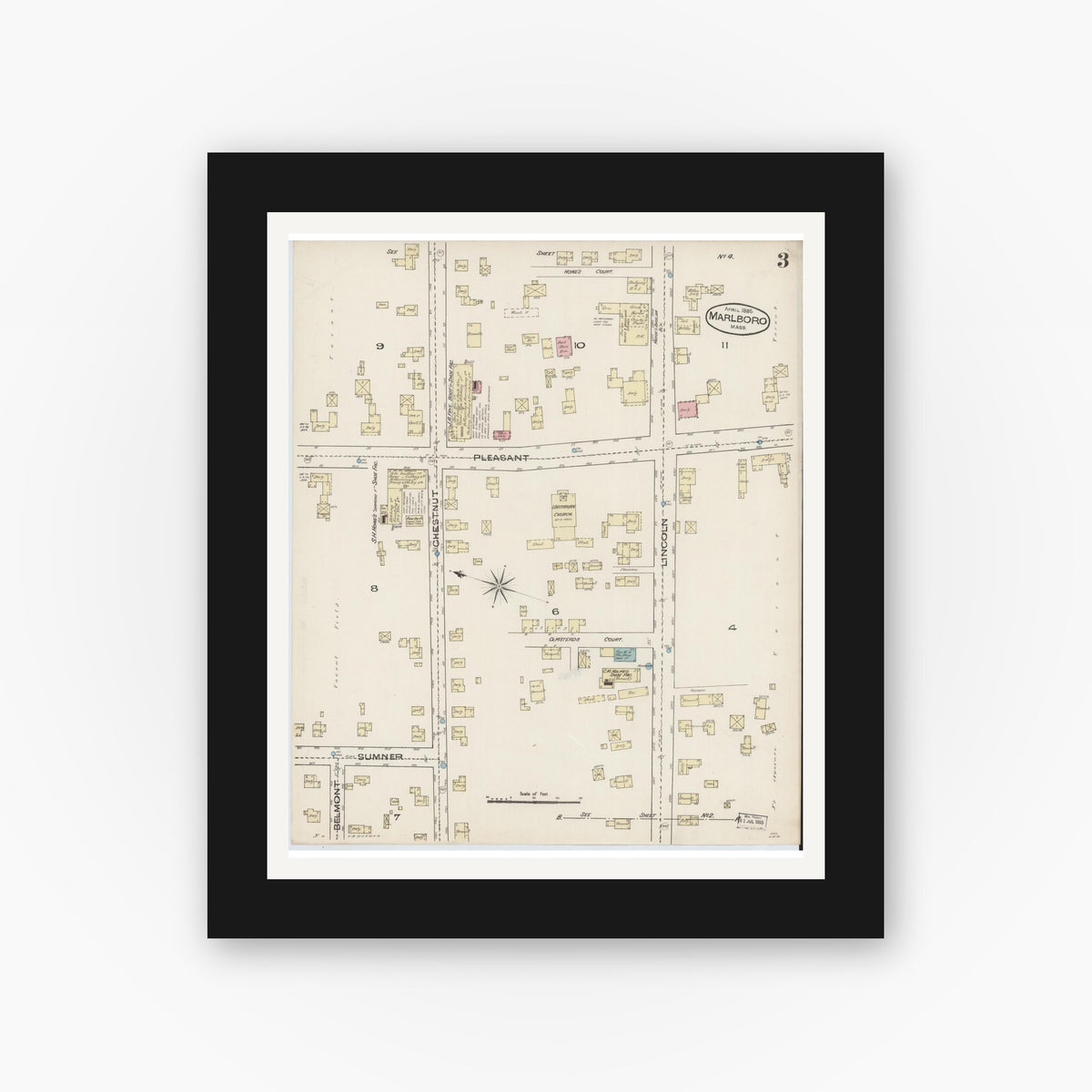 Old map wall art mockup — black gallery frame with white mat — Sanborn Fire Insurance Map from Marlborough, Middlesex County, Massachusetts (1885), Sheet #0003