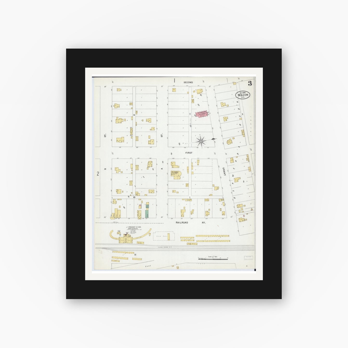 Old map wall art mockup — black gallery frame with white mat — Sanborn Fire Insurance Map from Macon, Macon County, Illinois (1899), Sheet #0003