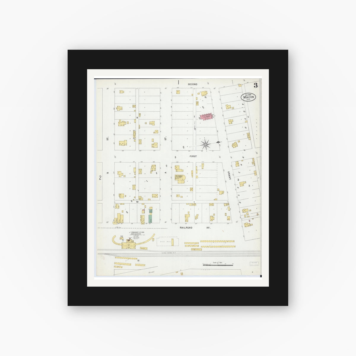 Old map wall art mockup — black gallery frame with white mat — Sanborn Fire Insurance Map from Macon, Macon County, Illinois (1899), Sheet #0003