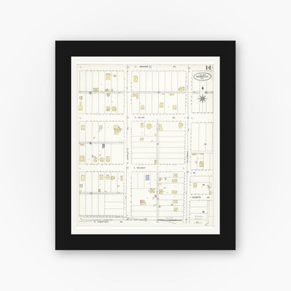 Old map wall art mockup — black gallery frame with white mat — Sanborn Fire Insurance Map from Monrovia, Los Angeles County, California (1907), Sheet #0014
