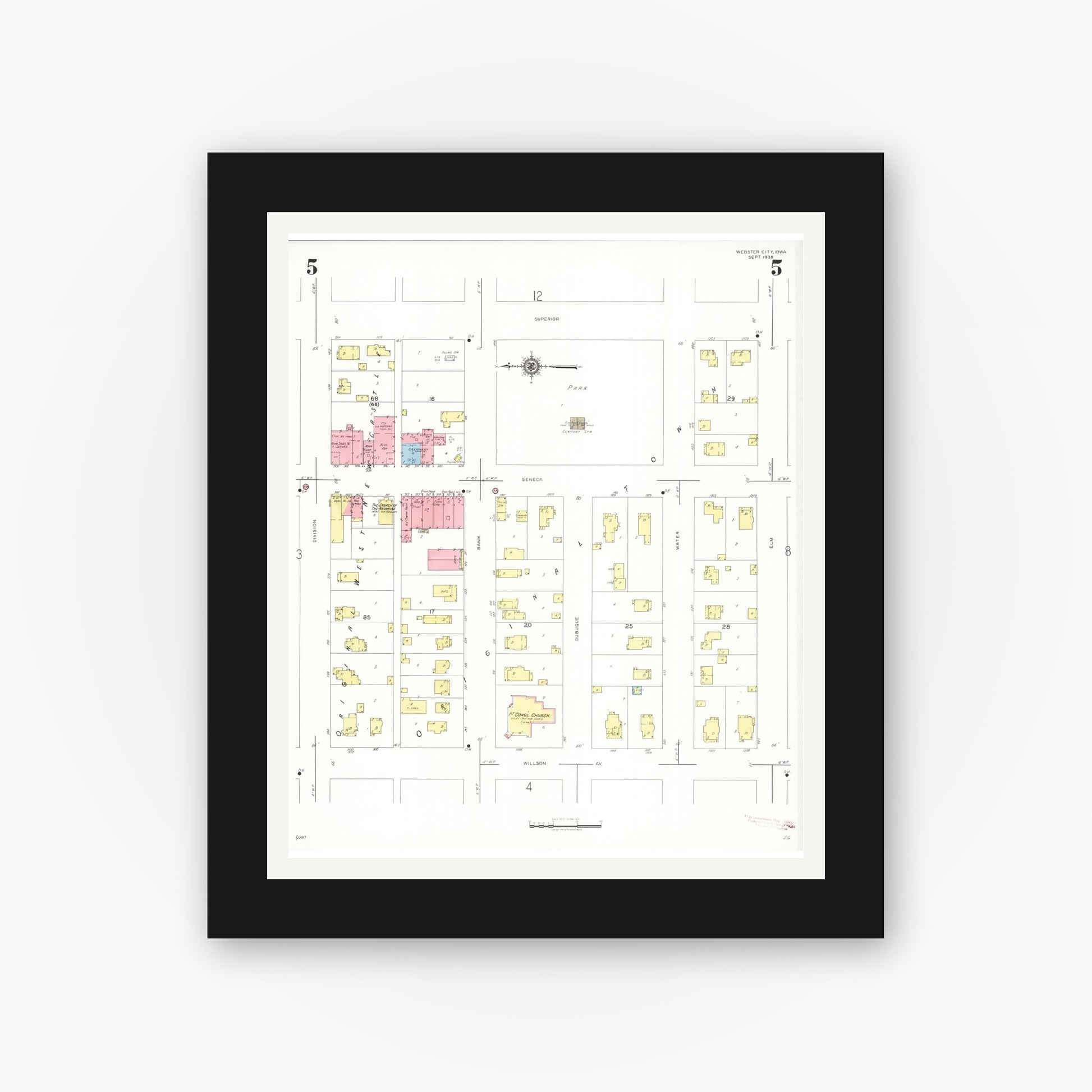 Old map wall art mockup — black gallery frame with white mat — Sanborn Fire Insurance Map from Webster City, Hamilton County, Iowa (1938), Sheet #0005