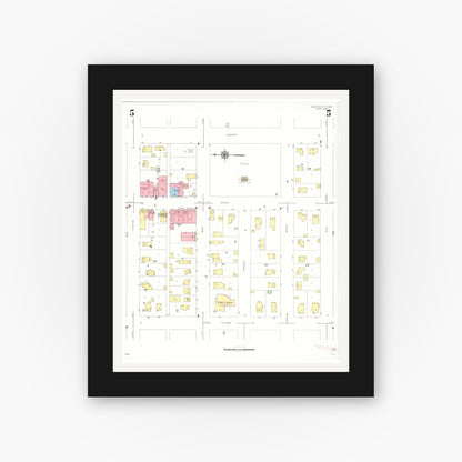 Old map wall art mockup — black gallery frame with white mat — Sanborn Fire Insurance Map from Webster City, Hamilton County, Iowa (1938), Sheet #0005