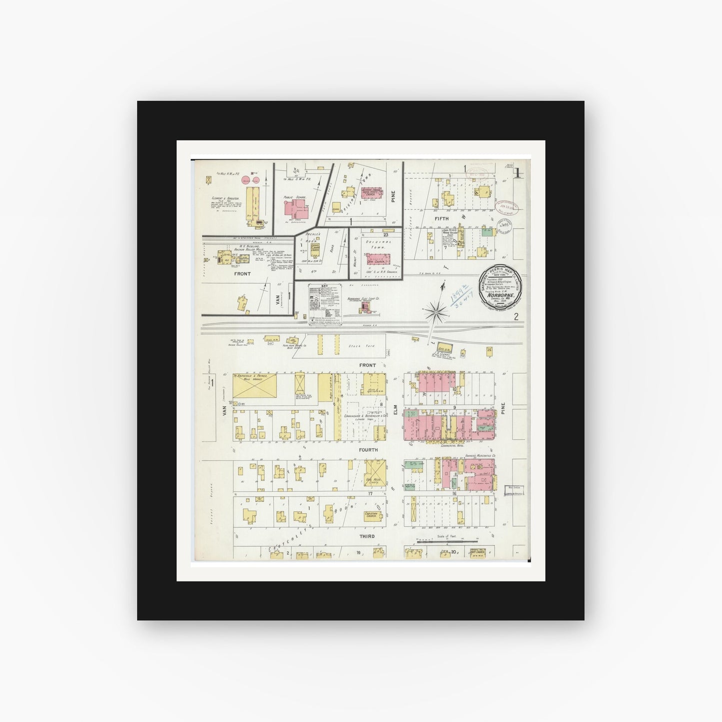 Old map wall art mockup — black gallery frame with white mat — Sanborn Fire Insurance Map from Norborne, Carroll County, Missouri (1899), Sheet #0001