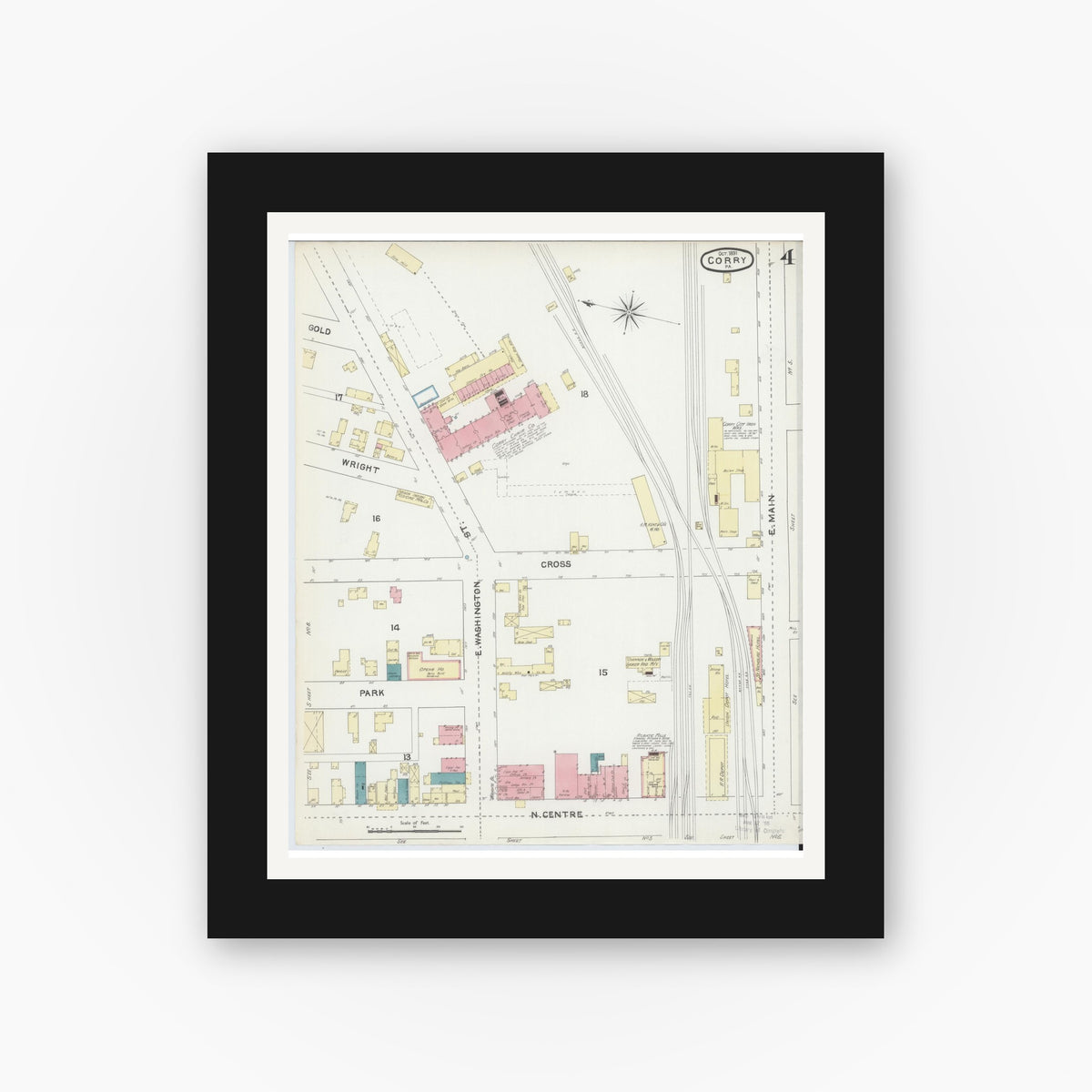 Old map wall art mockup — black gallery frame with white mat — Sanborn Fire Insurance Map from Corry, Erie County, Pennsylvania (1891), Sheet #0004