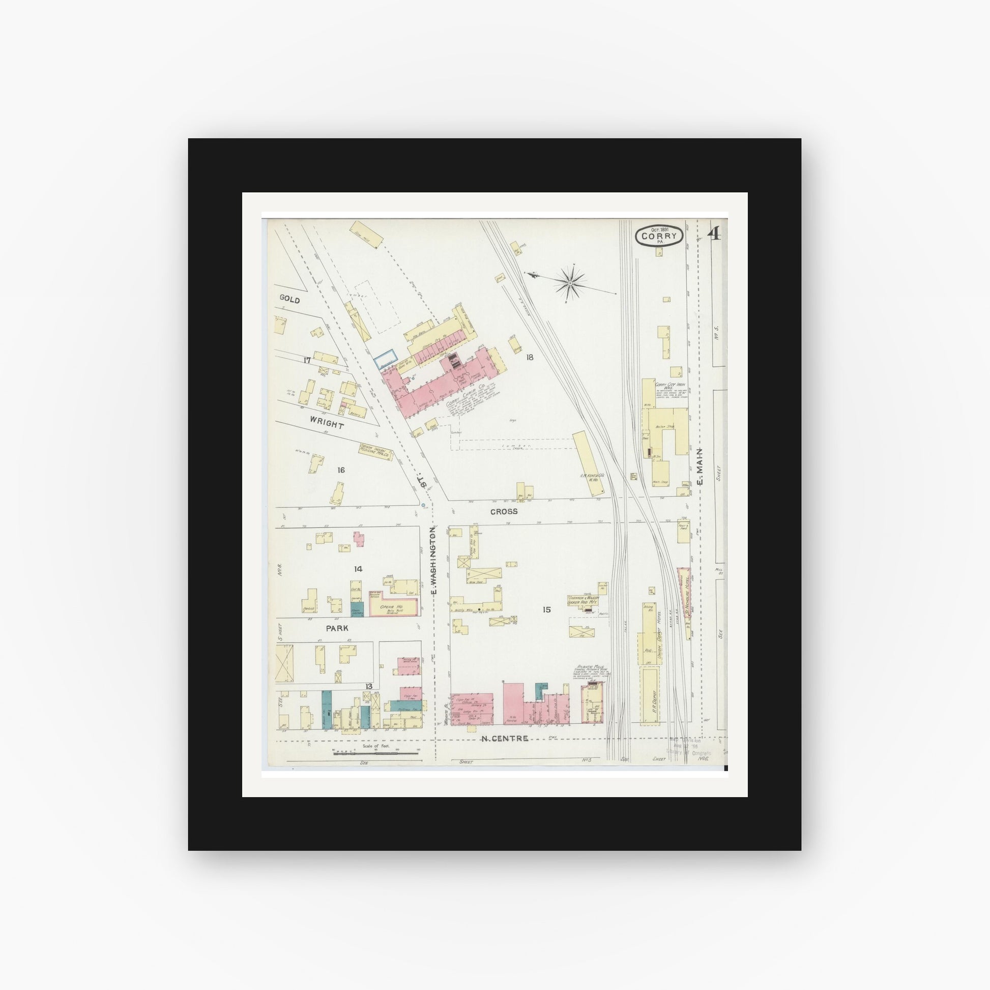 Old map wall art mockup — black gallery frame with white mat — Sanborn Fire Insurance Map from Corry, Erie County, Pennsylvania (1891), Sheet #0004