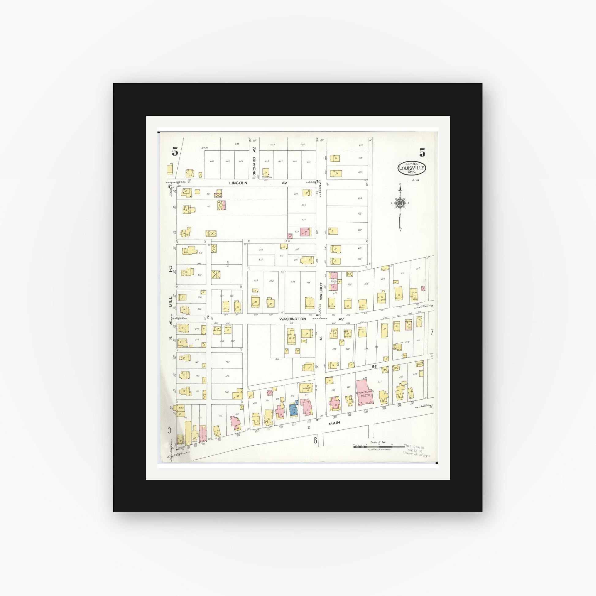 Old map wall art mockup — black gallery frame with white mat — Sanborn Fire Insurance Map from Louisville, Stark County, Ohio (1923), Sheet #0005