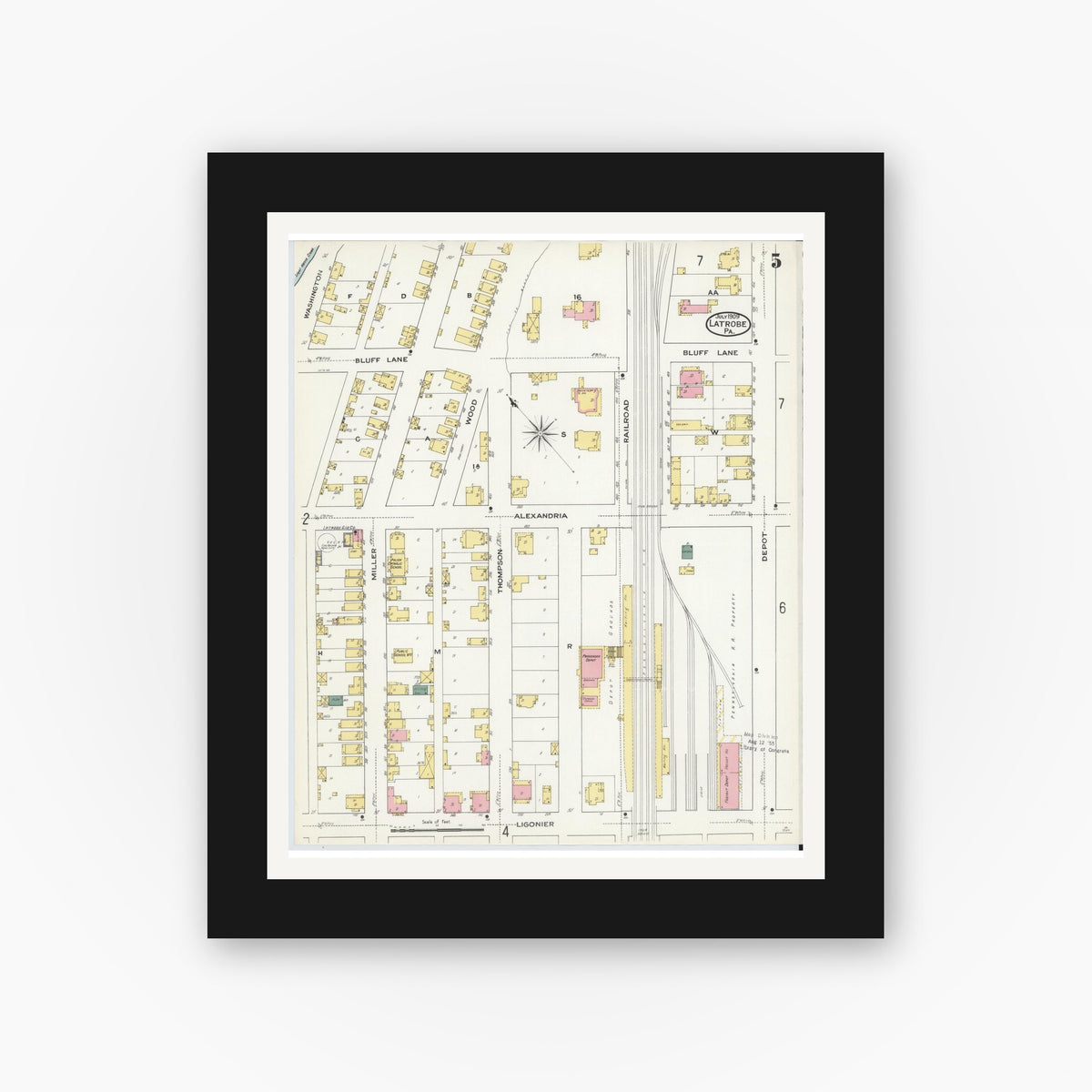 Old map wall art mockup — black gallery frame with white mat — Sanborn Fire Insurance Map from Latrobe, Westmoreland County, Pennsylvania (1909), Sheet #0005