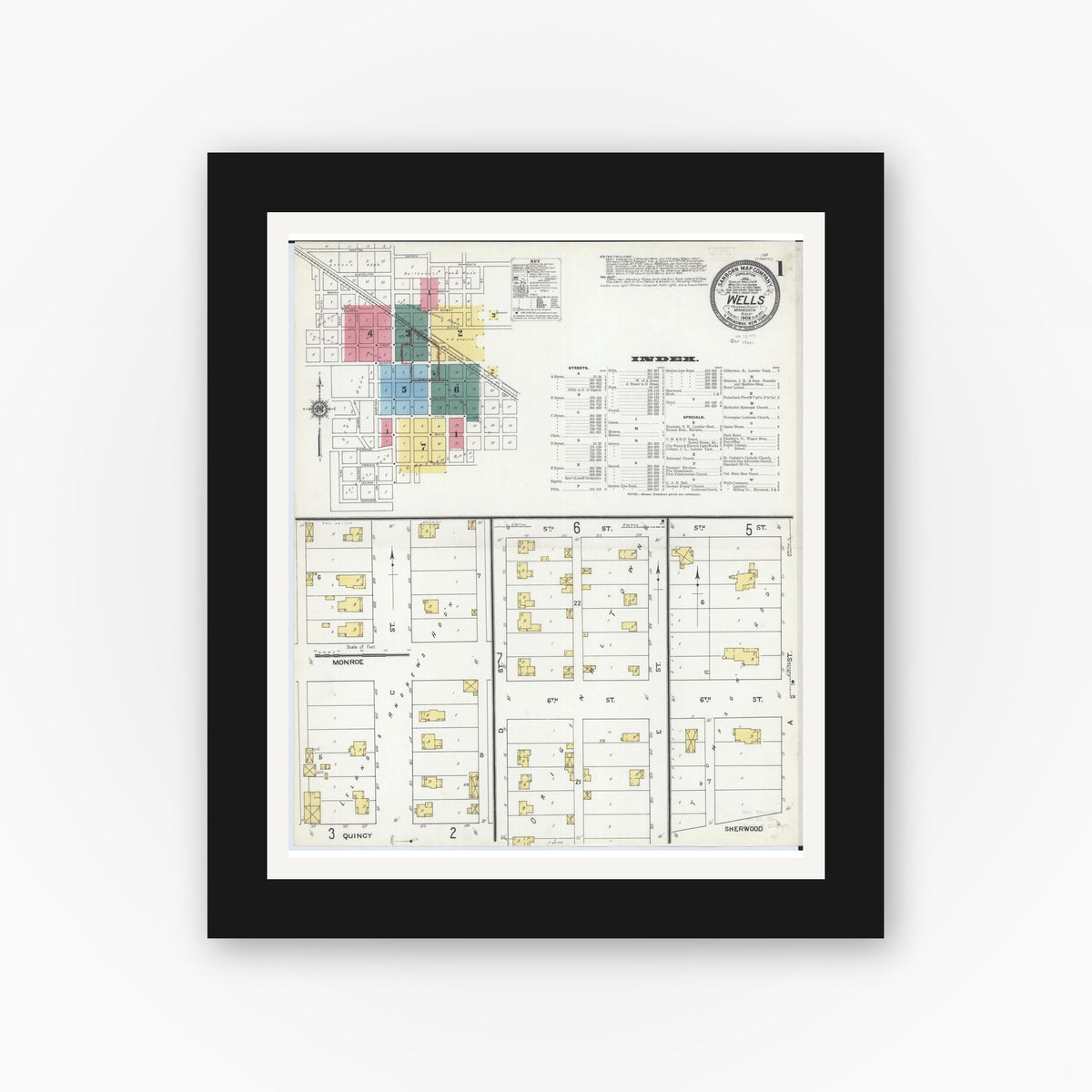 Old map wall art mockup — black gallery frame with white mat — Sanborn Fire Insurance Map from Wells, Faribault County, Minnesota (1909), Sheet #0001
