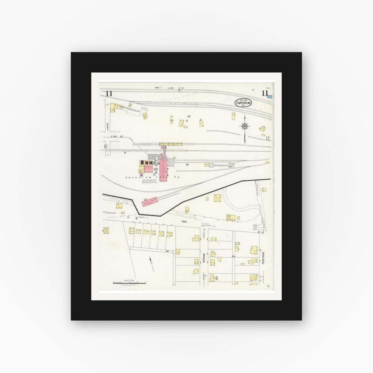Old map wall art mockup — black gallery frame with white mat — Sanborn Fire Insurance Map from Emporium, Cameron County, Pennsylvania (1925), Sheet #0011