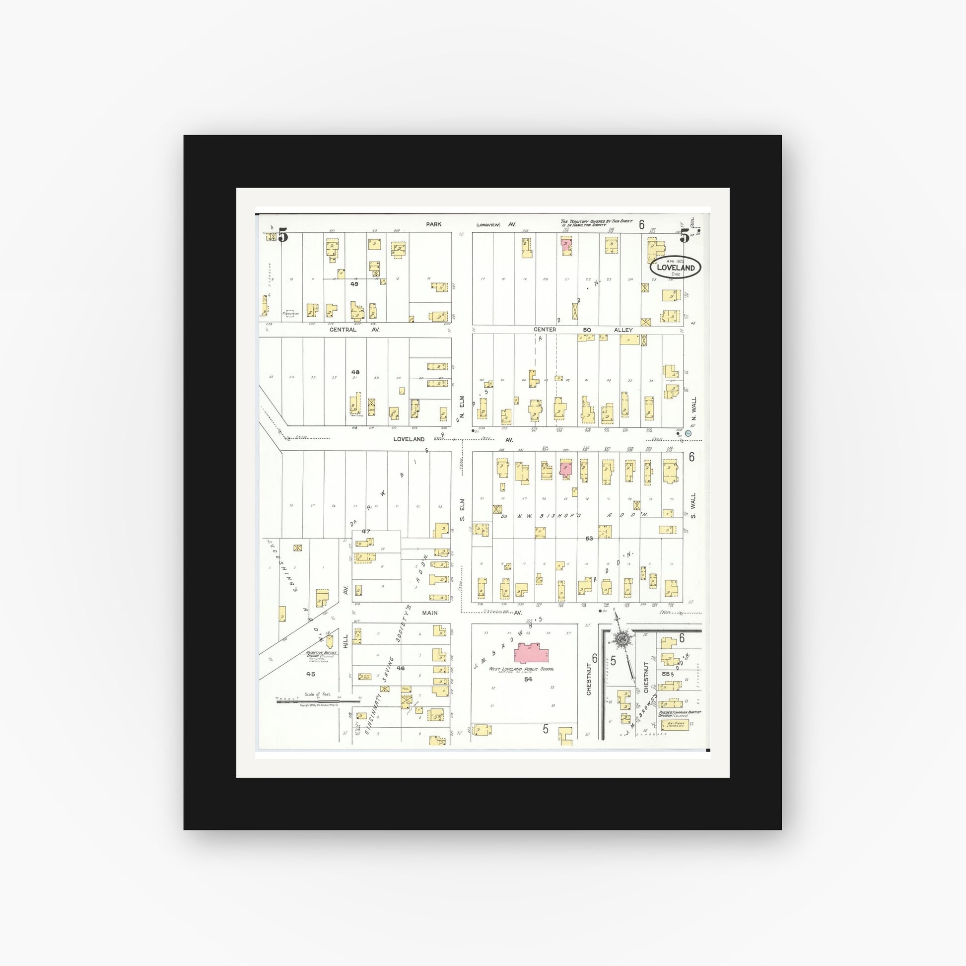 Old map wall art mockup — black gallery frame with white mat — Sanborn Fire Insurance Map from Loveland, Clermont, Hamilton, And Warren County, Ohio (1923), Sheet #0005