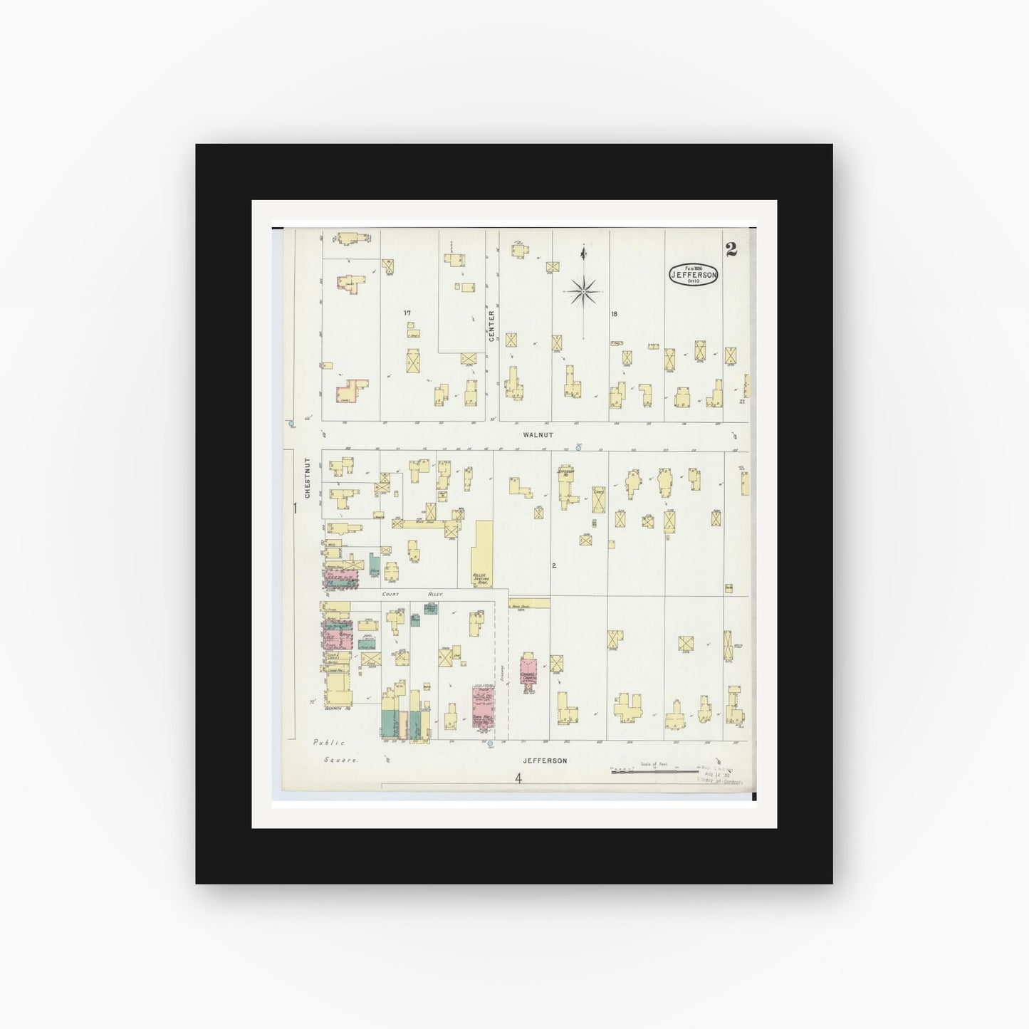 Old map wall art mockup — black gallery frame with white mat — Sanborn Fire Insurance Map from Jefferson, Ashtabula County, Ohio (1896), Sheet #0002