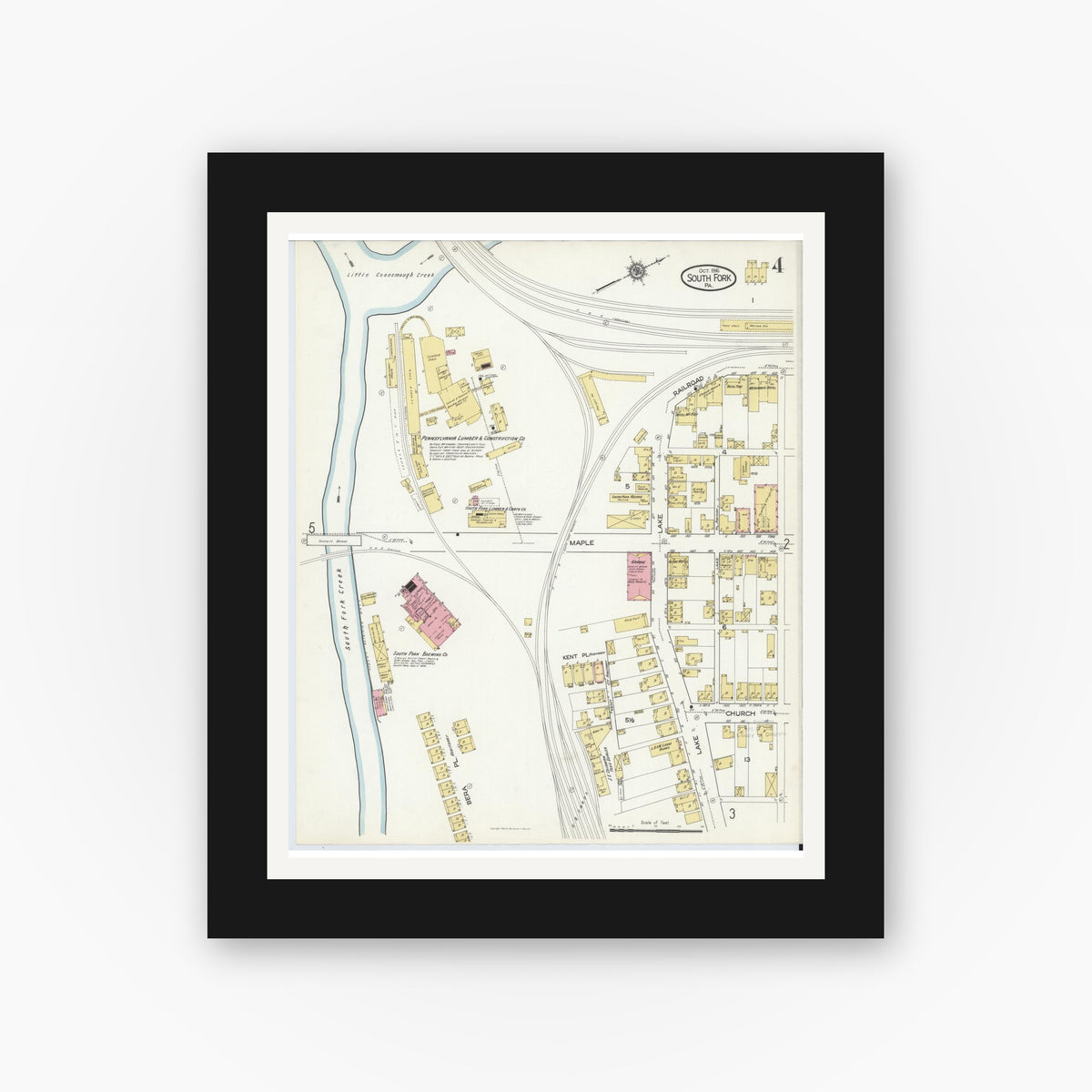 Old map wall art mockup — black gallery frame with white mat — Sanborn Fire Insurance Map from South Fork, Cambria County, Pennsylvania (1916), Sheet #0004