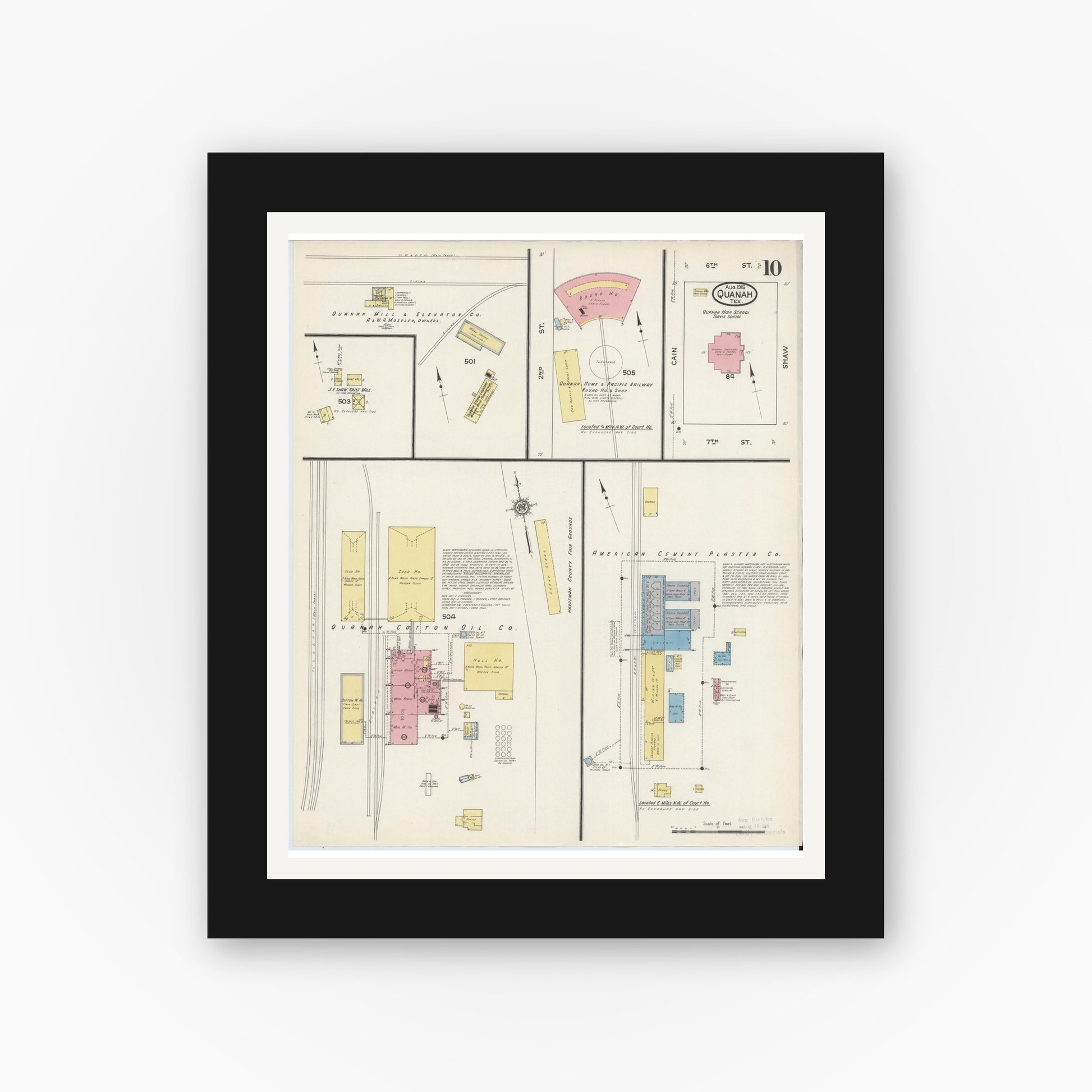Old map wall art mockup — black gallery frame with white mat — Sanborn Fire Insurance Map from Quanah, Hardeman County, Texas (1915), Sheet #0010