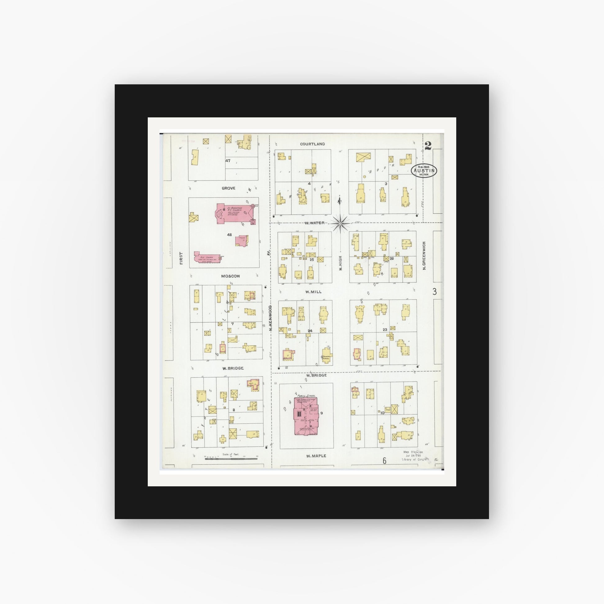 Old map wall art mockup — black gallery frame with white mat — Sanborn Fire Insurance Map from Austin, Mower County, Minnesota (1905), Sheet #0002