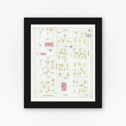 Old map wall art mockup — black gallery frame with white mat — Sanborn Fire Insurance Map from Austin, Mower County, Minnesota (1905), Sheet #0002