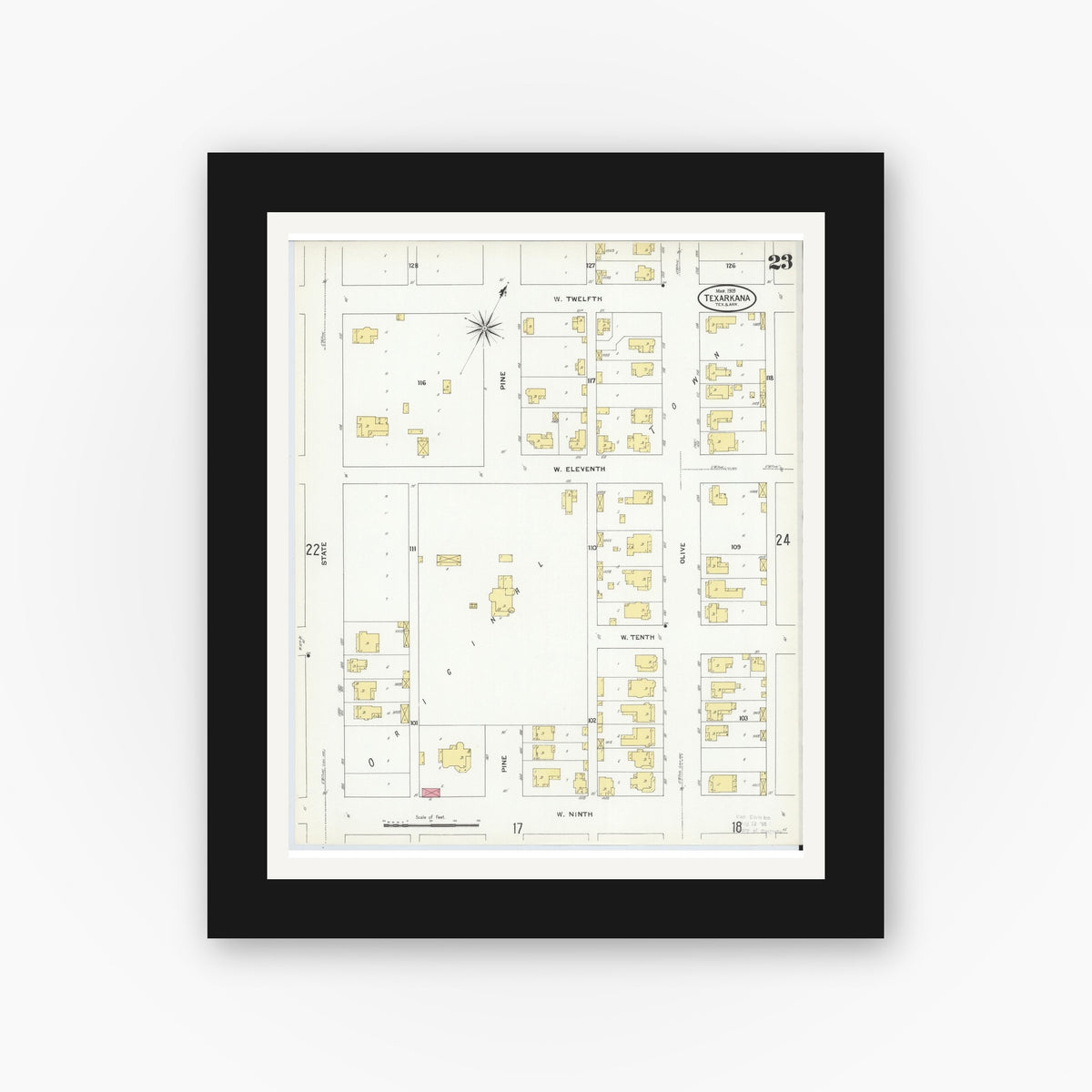 Old map wall art mockup — black gallery frame with white mat — Sanborn Fire Insurance Map from Texarkana, Bowie County, Texas (1909), Sheet #0023