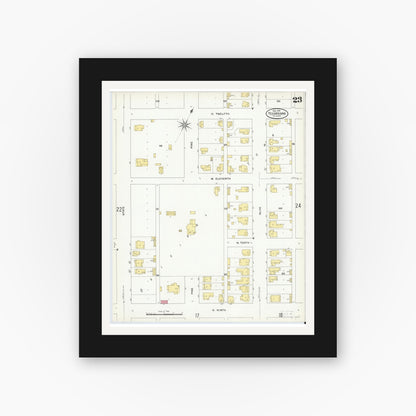 Old map wall art mockup — black gallery frame with white mat — Sanborn Fire Insurance Map from Texarkana, Bowie County, Texas (1909), Sheet #0023