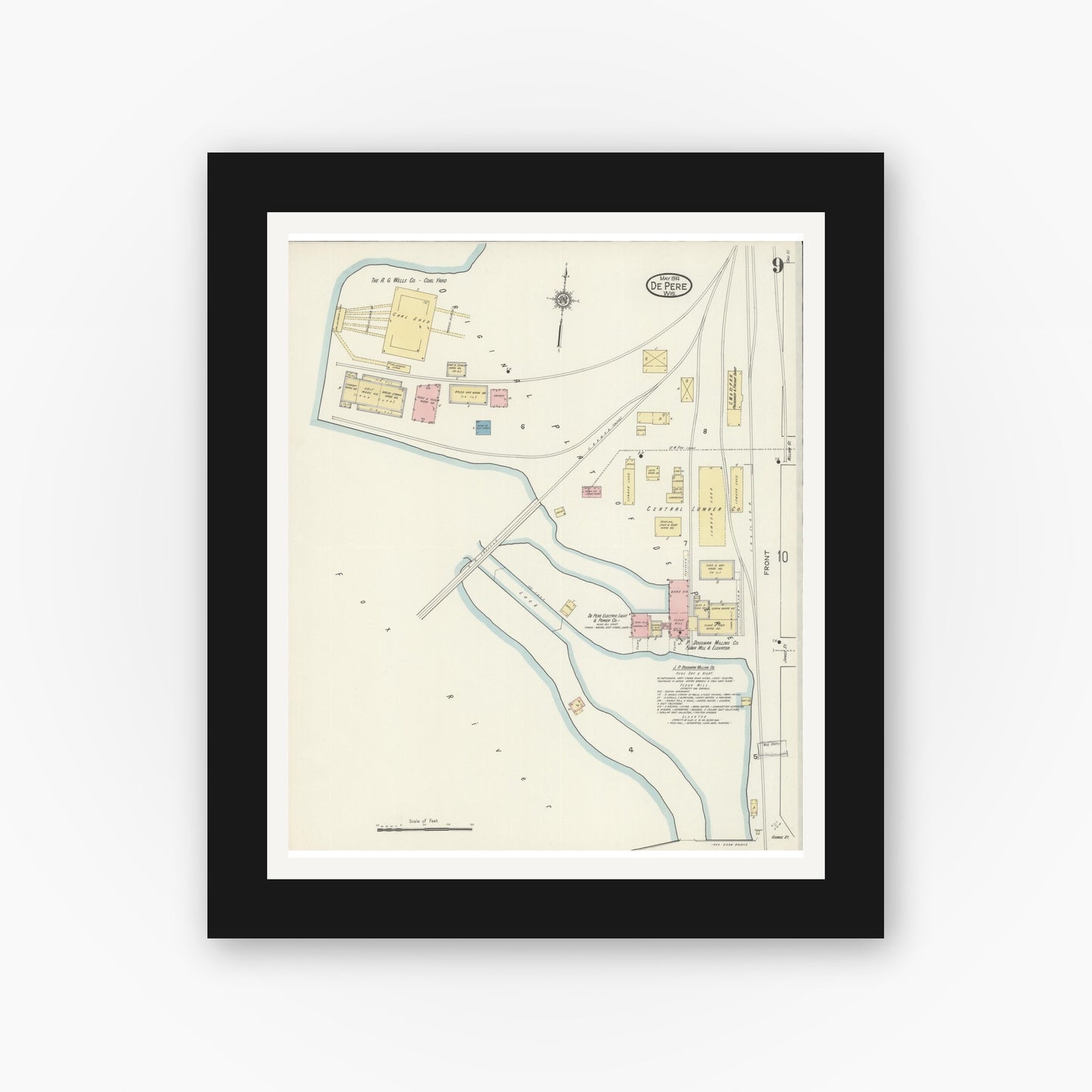 Old map wall art mockup — black gallery frame with white mat — Sanborn Fire Insurance Map from De Pere, Brown County, Wisconsin (1914), Sheet #0009