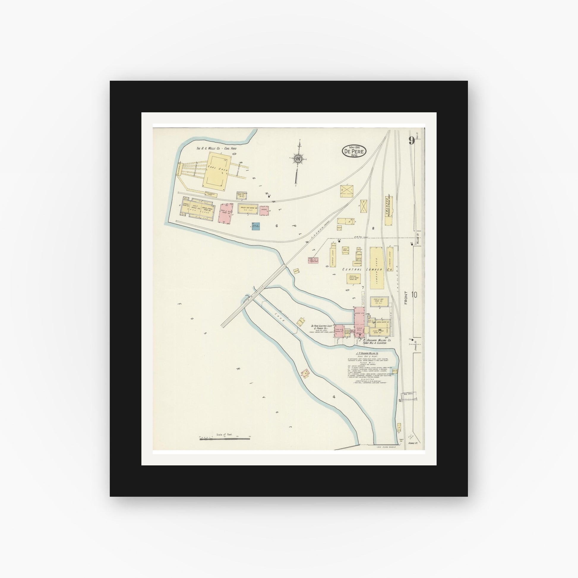 Old map wall art mockup — black gallery frame with white mat — Sanborn Fire Insurance Map from De Pere, Brown County, Wisconsin (1914), Sheet #0009