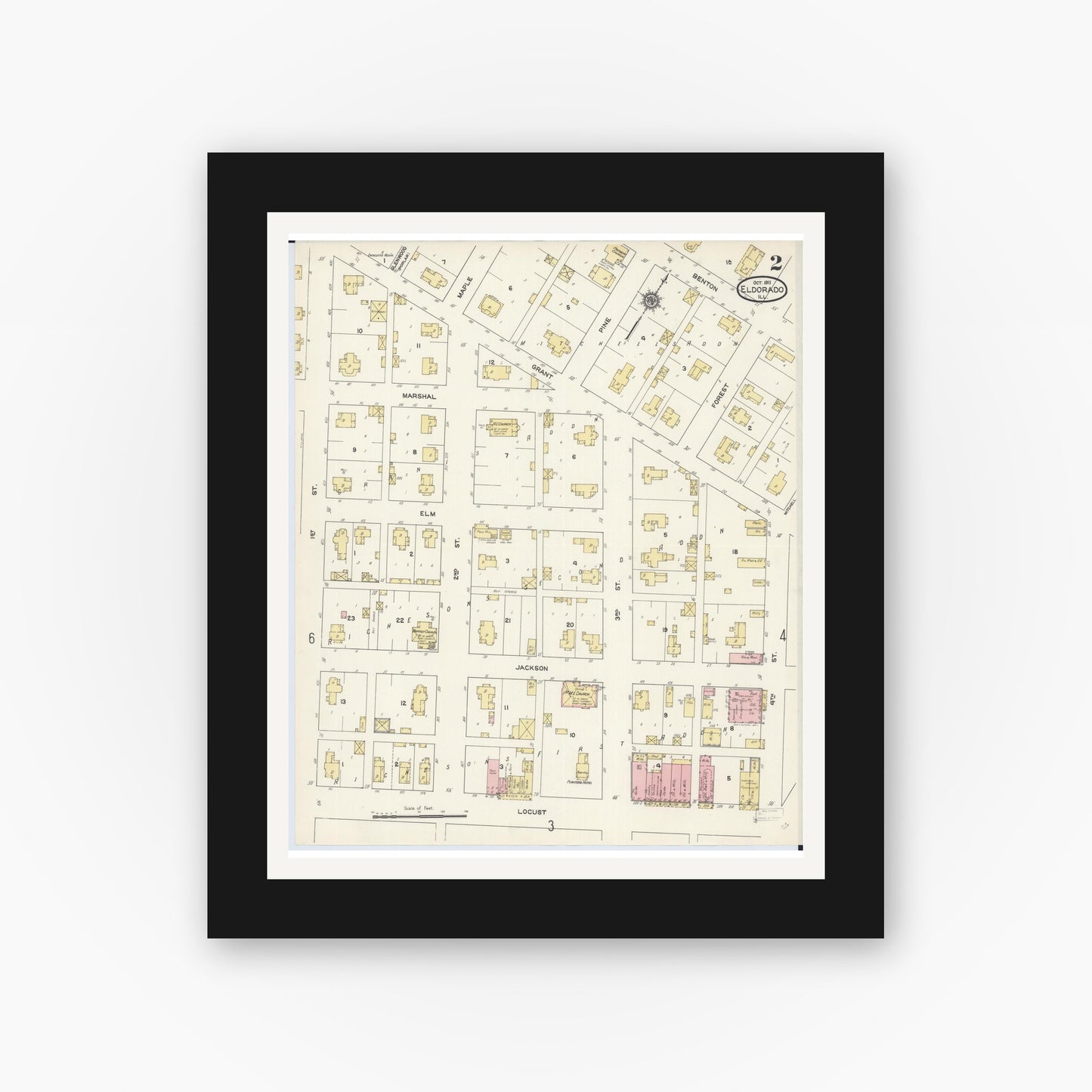 Old map wall art mockup — black gallery frame with white mat — Sanborn Fire Insurance Map from Eldorado, Saline County, Illinois (1911), Sheet #0002