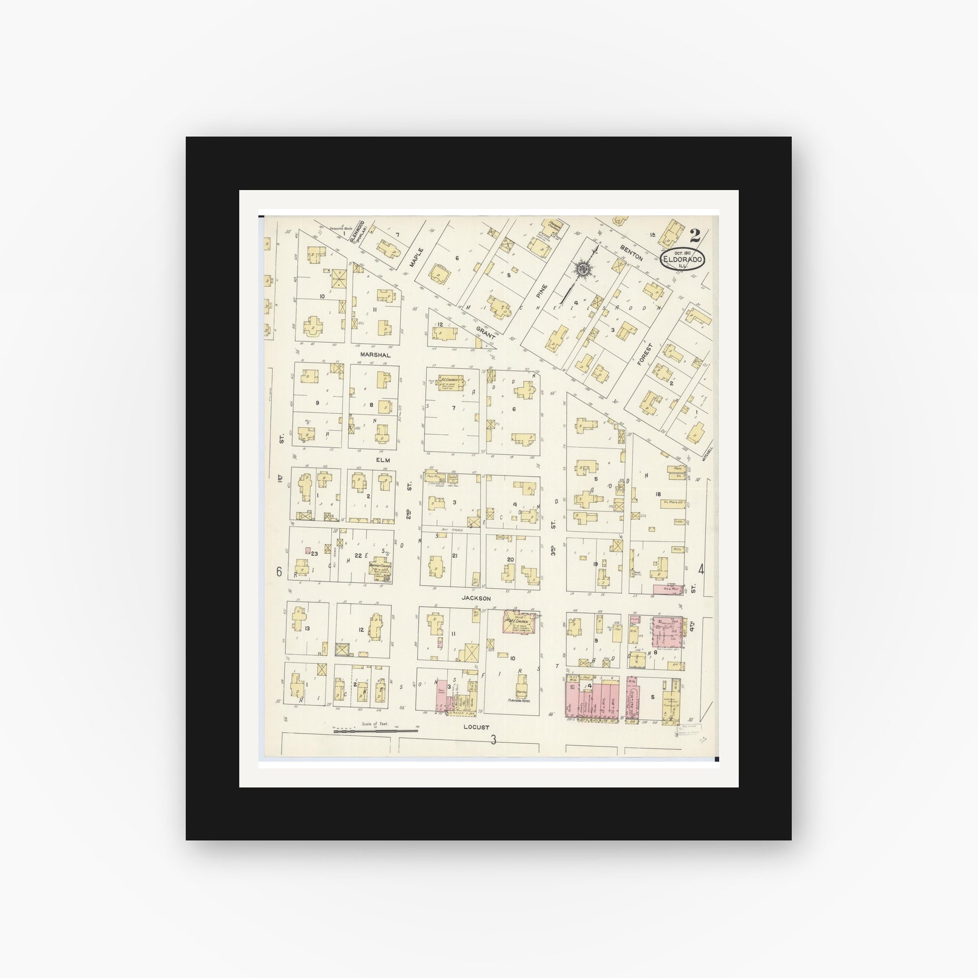 Old map wall art mockup — black gallery frame with white mat — Sanborn Fire Insurance Map from Eldorado, Saline County, Illinois (1911), Sheet #0002