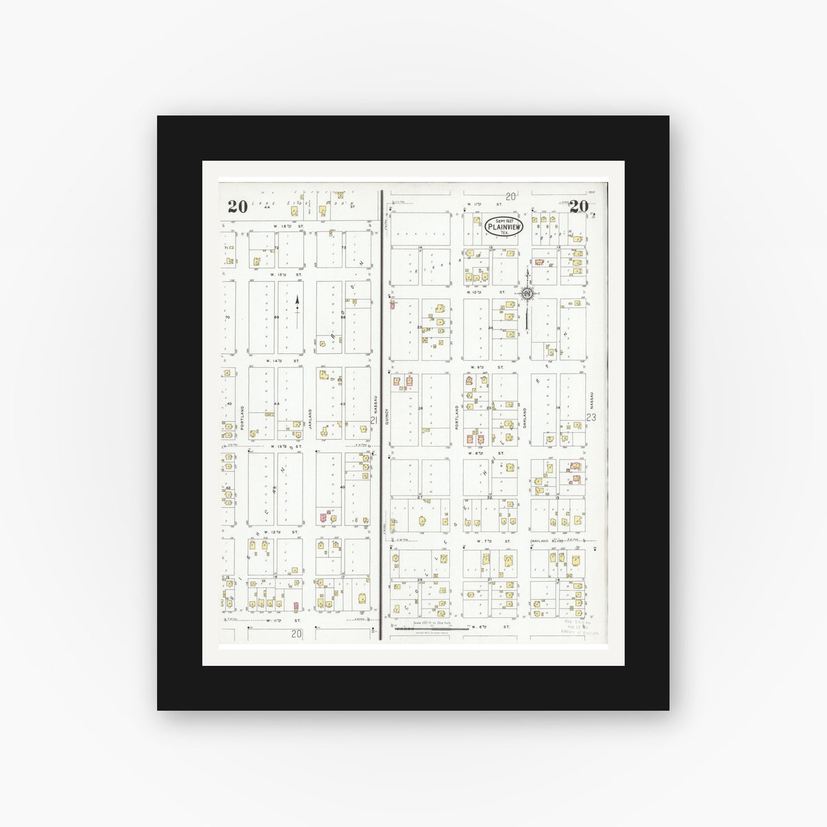 Old map wall art mockup — black gallery frame with white mat — Sanborn Fire Insurance Map from Plainview, Hale County, Texas (1927), Sheet #0020