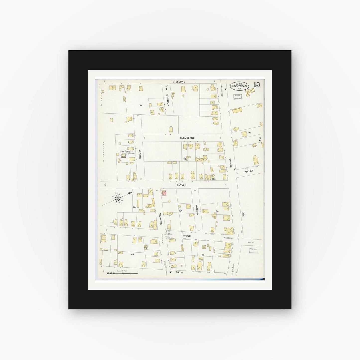 Old map wall art mockup — black gallery frame with white mat — Sanborn Fire Insurance Map from Hackensack, Bergen County, New Jersey (1908), Sheet #0015