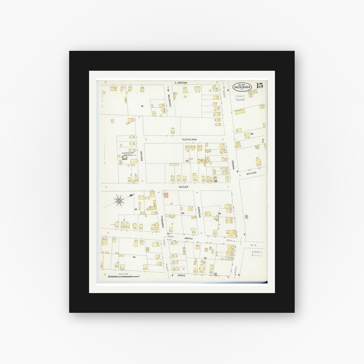 Old map wall art mockup — black gallery frame with white mat — Sanborn Fire Insurance Map from Hackensack, Bergen County, New Jersey (1908), Sheet #0015