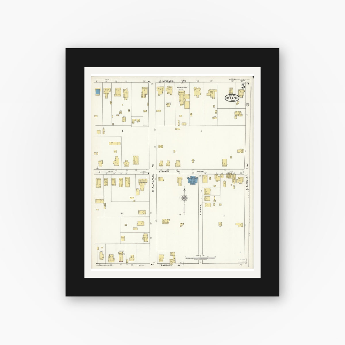 Old map wall art mockup — black gallery frame with white mat — Sanborn Fire Insurance Map from De Land, Volusia County, Florida (1921), Sheet #0005
