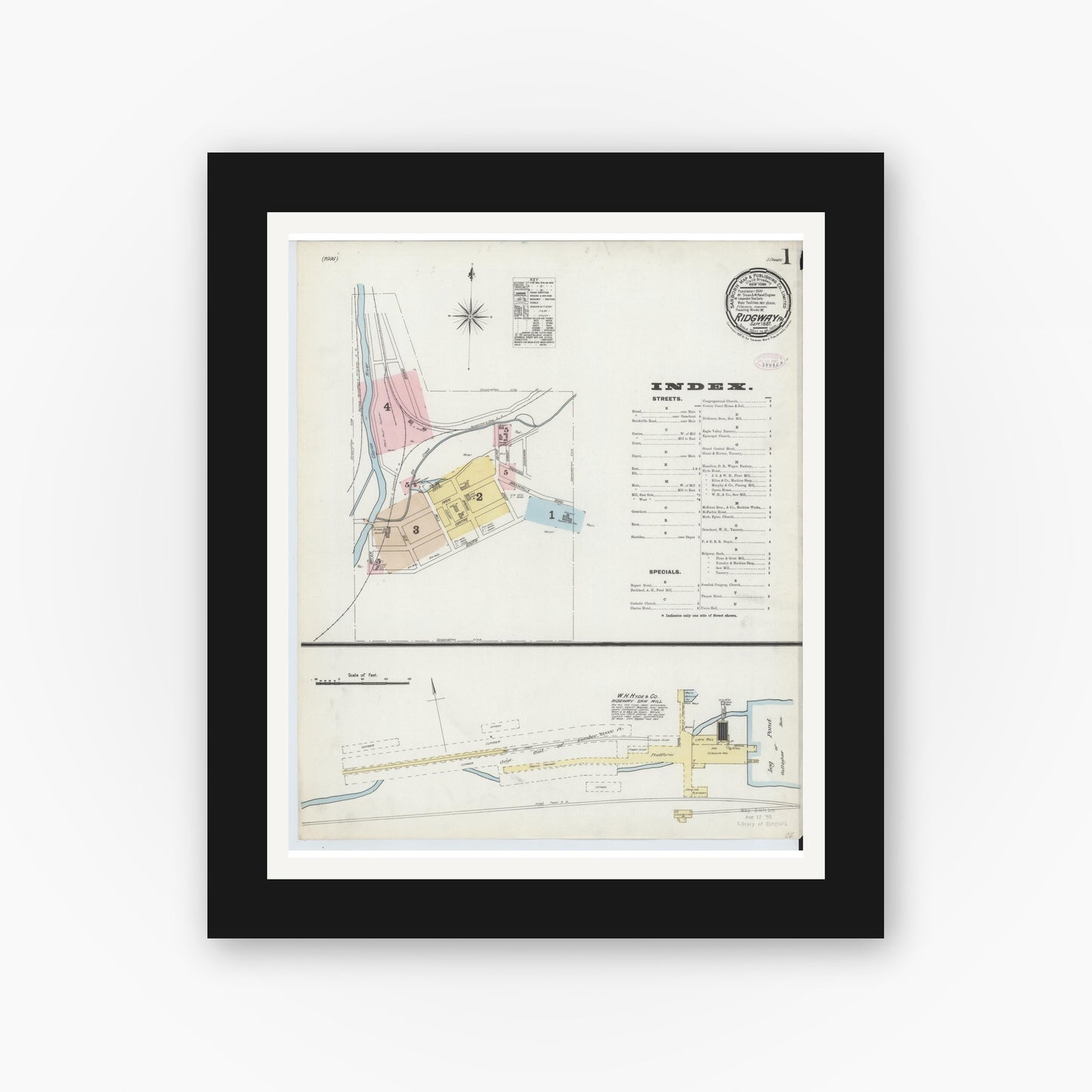 Old map wall art mockup — black gallery frame with white mat — Sanborn Fire Insurance Map from Ridgway, Elk County, Pennsylvania (1887) - Complete Map Set