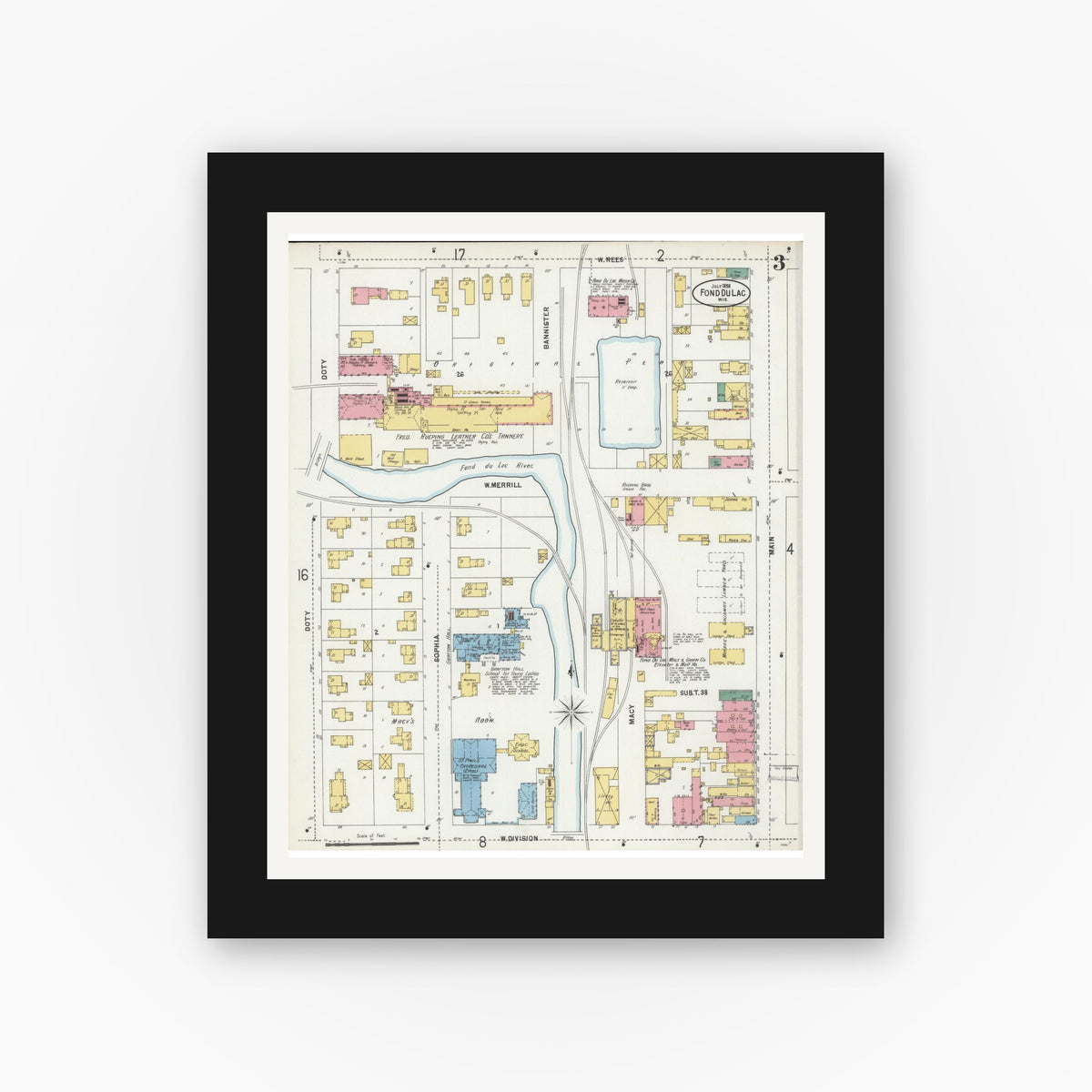 Old map wall art mockup — black gallery frame with white mat — Sanborn Fire Insurance Map from Fond du Lac, Fond du Lac County, Wisconsin (1898), Sheet #0003