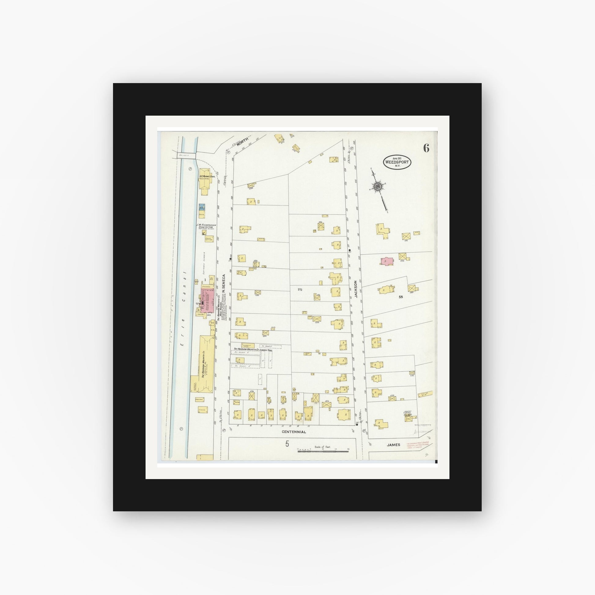 Old map wall art mockup — black gallery frame with white mat — Sanborn Fire Insurance Map from Weedsport, Cayuga County, New York (1911), Sheet #0006