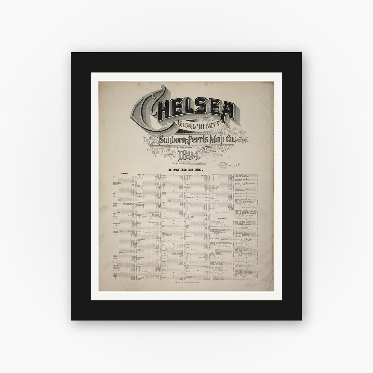 Old map wall art mockup — black gallery frame with white mat — Sanborn Fire Insurance Map from Chelsea, Suffolk County, Massachusetts (1894), Sheet #0001