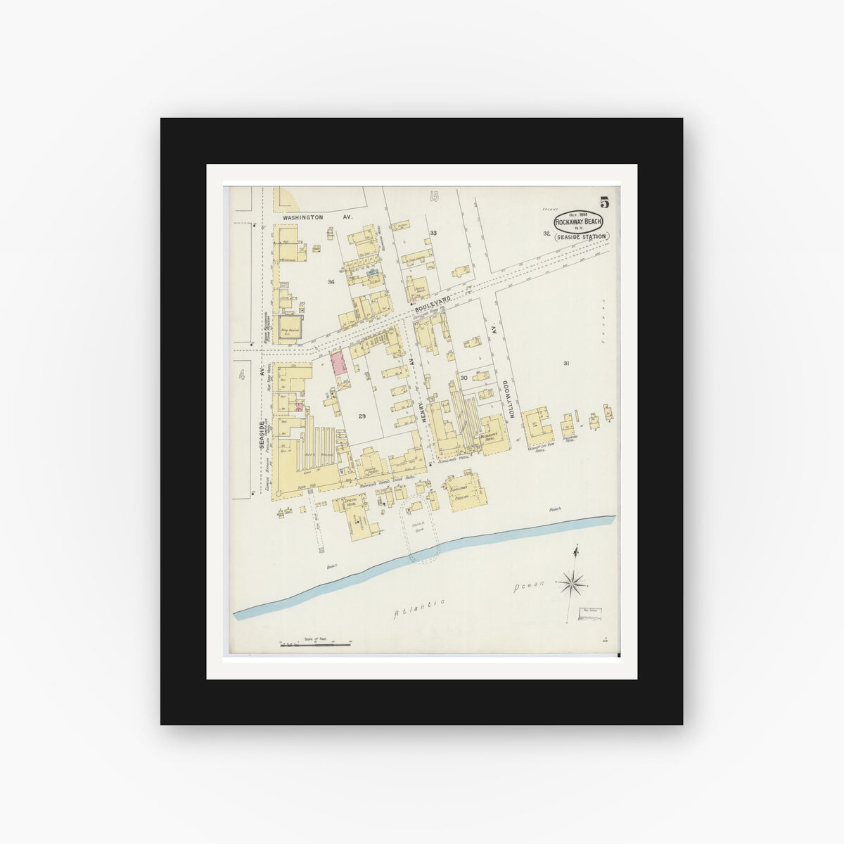 Old map wall art mockup — black gallery frame with white mat — Sanborn Fire Insurance Map from Rockaway Beach, Queens County, New York (1894), Sheet #0005